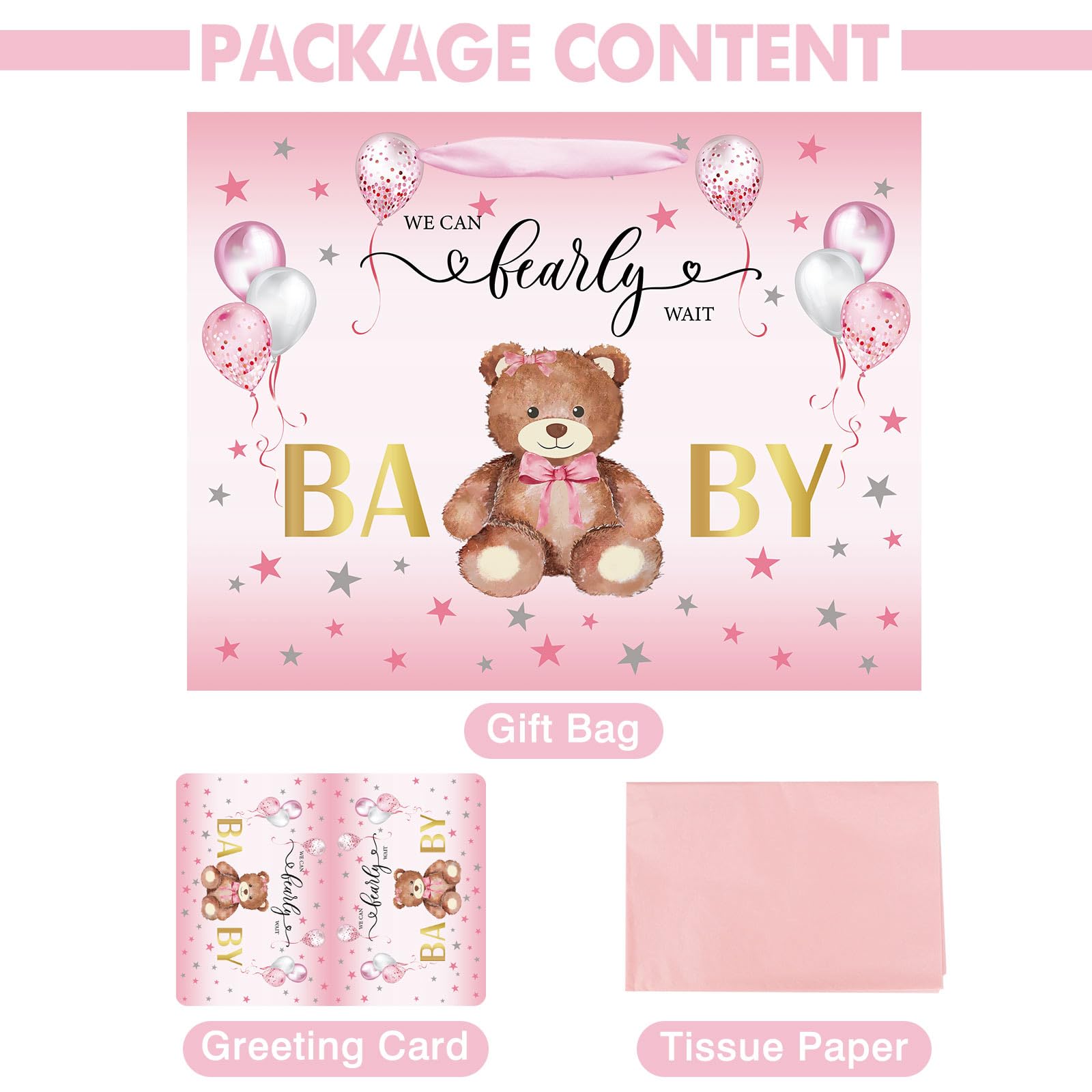 Laidans 13" Baby Shower Birthday Gift Bag for Girl with Tissue Papers and Card Pink Balloons Bear Design with Handles (Pink)