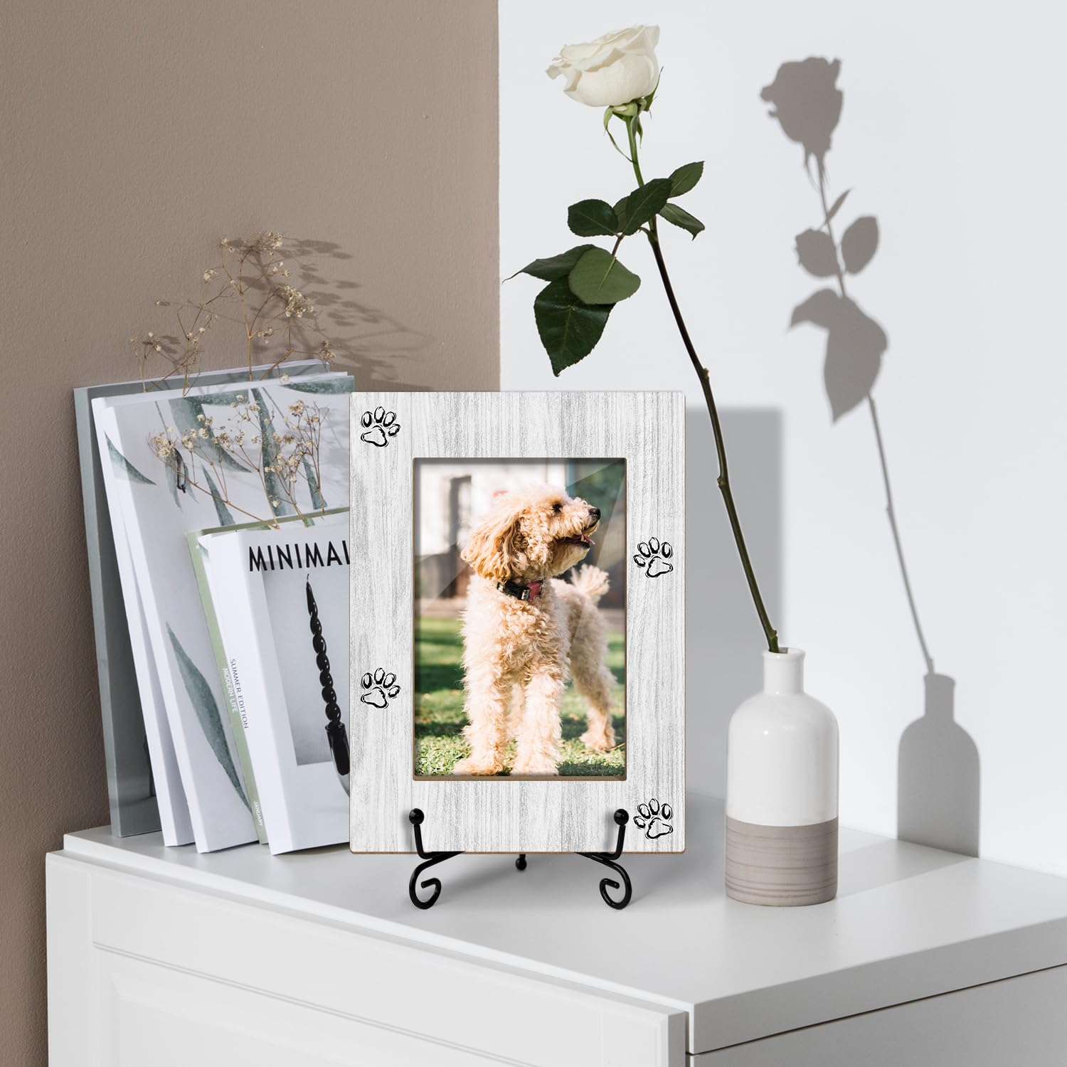 XK59 - Marco de fotos de madera con estampado de huellas de mascotas para perros y gatos, regalos para amantes de las mascotas, dueño de mascotas, marco de fotos de 4 x 6 pulgadas para exhibición de
