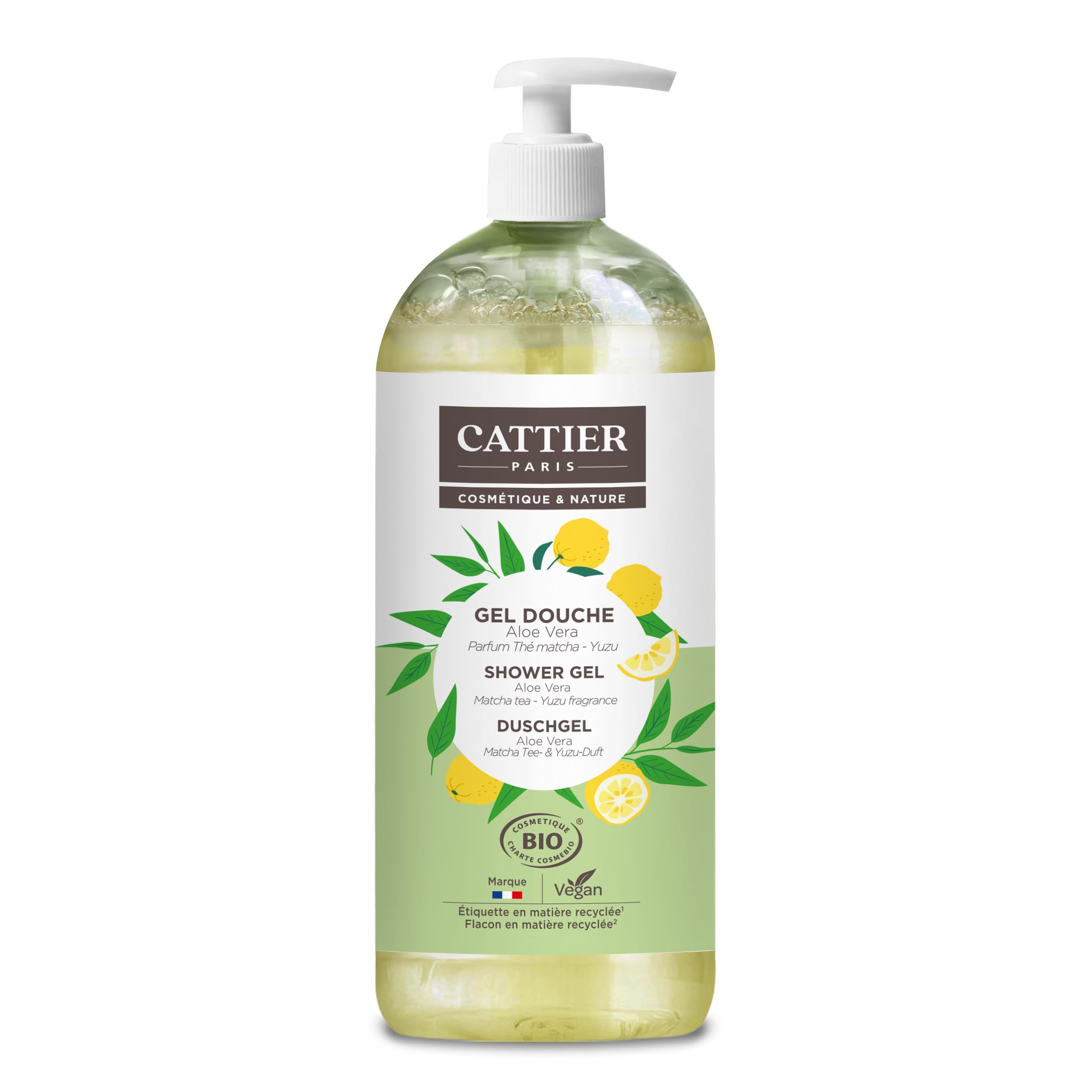 Cattier Matcha Tea & Yuzu Shower Gel Family Size with Pump Dispenser Certified Natural Cosmetics