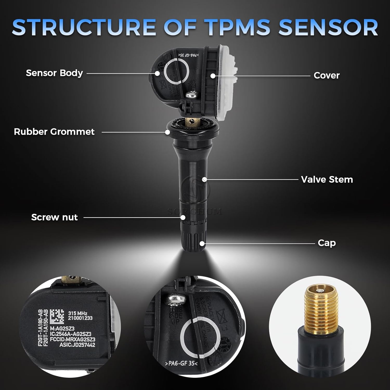 SORGHUM Tire Pressure Monitoring System - Pre-Programmed TPMS Sensors 315MHz Compatible with 2015-2024 Ford F-150 Edge Transit Explorer Mustang Lincoln MKZ MKC MKX Replace# F2GT-1A180-AB Set of 4