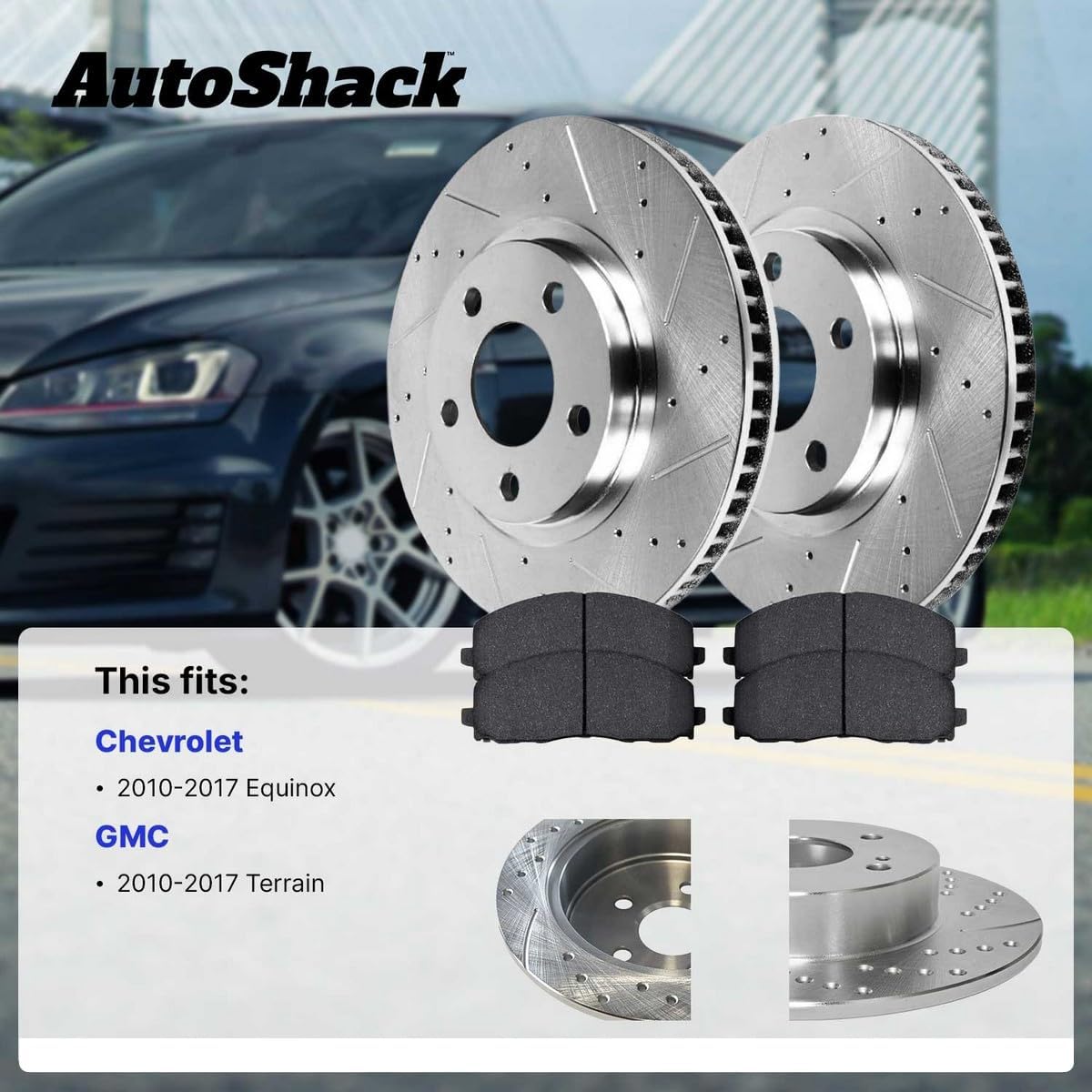 AutoShack Front Vented & Rear Vented Drilled & Slotted Silver Zinc Coated Brake Rotors + Ceramic Pads 12-PC Brake Kit Replacement for 2010-2017 Chevrolet Equinox 2010-2017 GMC Terrain SilverShield Pro