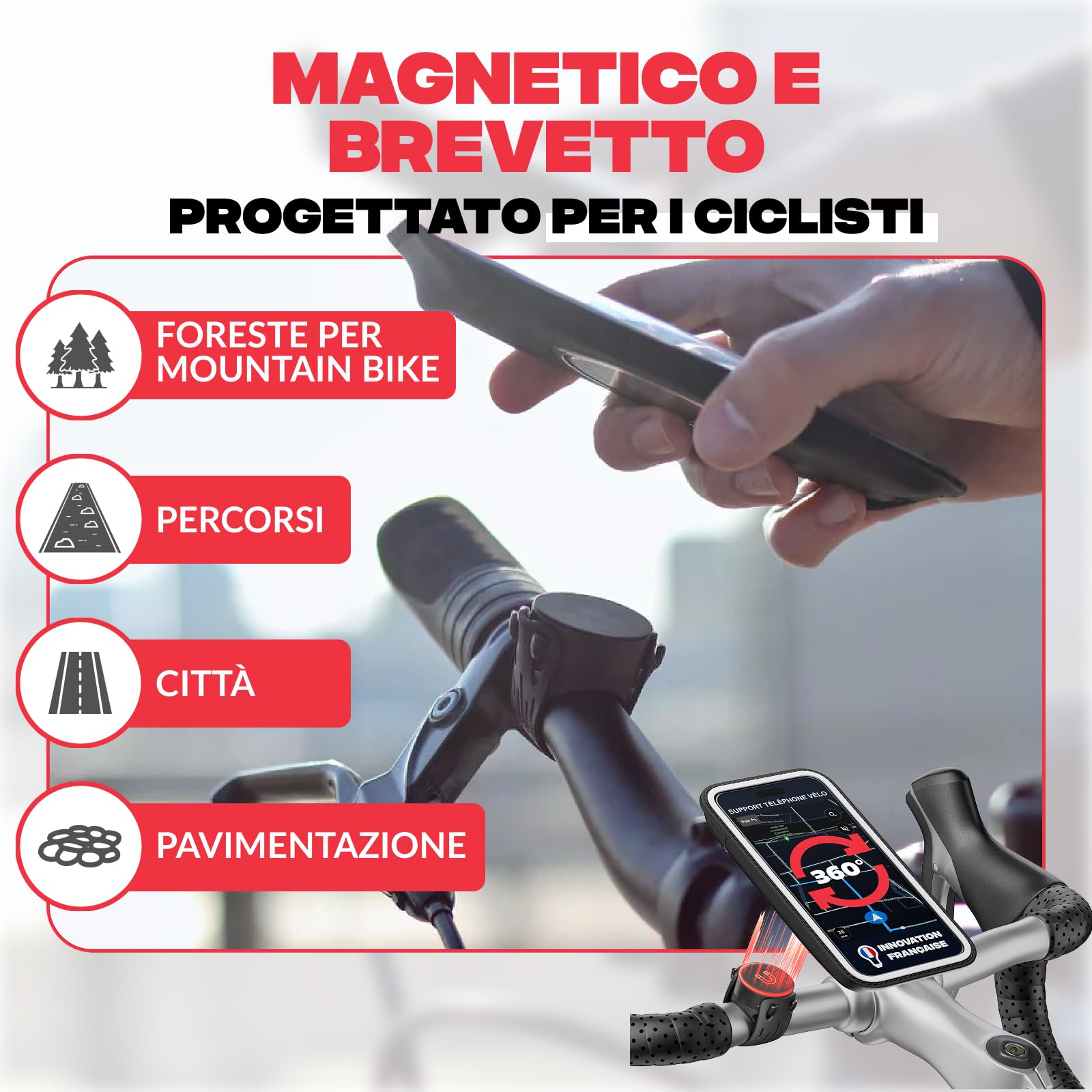 SHAPEHEART Innovazione francese, Porta cellulare bici con tasca magnetica staccabile, Porta telefono bici impermeabile, Universale, Supporto cellulare bici per manubrio, MTB