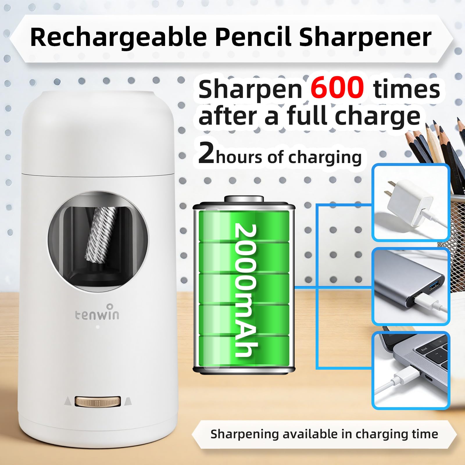 Tenwin Taille-crayon électrique rechargeable, entièrement automatique pour crayons jumbo de 7 à 11,5 mm, taille-crayon mains libres pour crayons de couleur, entrée et sortie automatique, pointes de