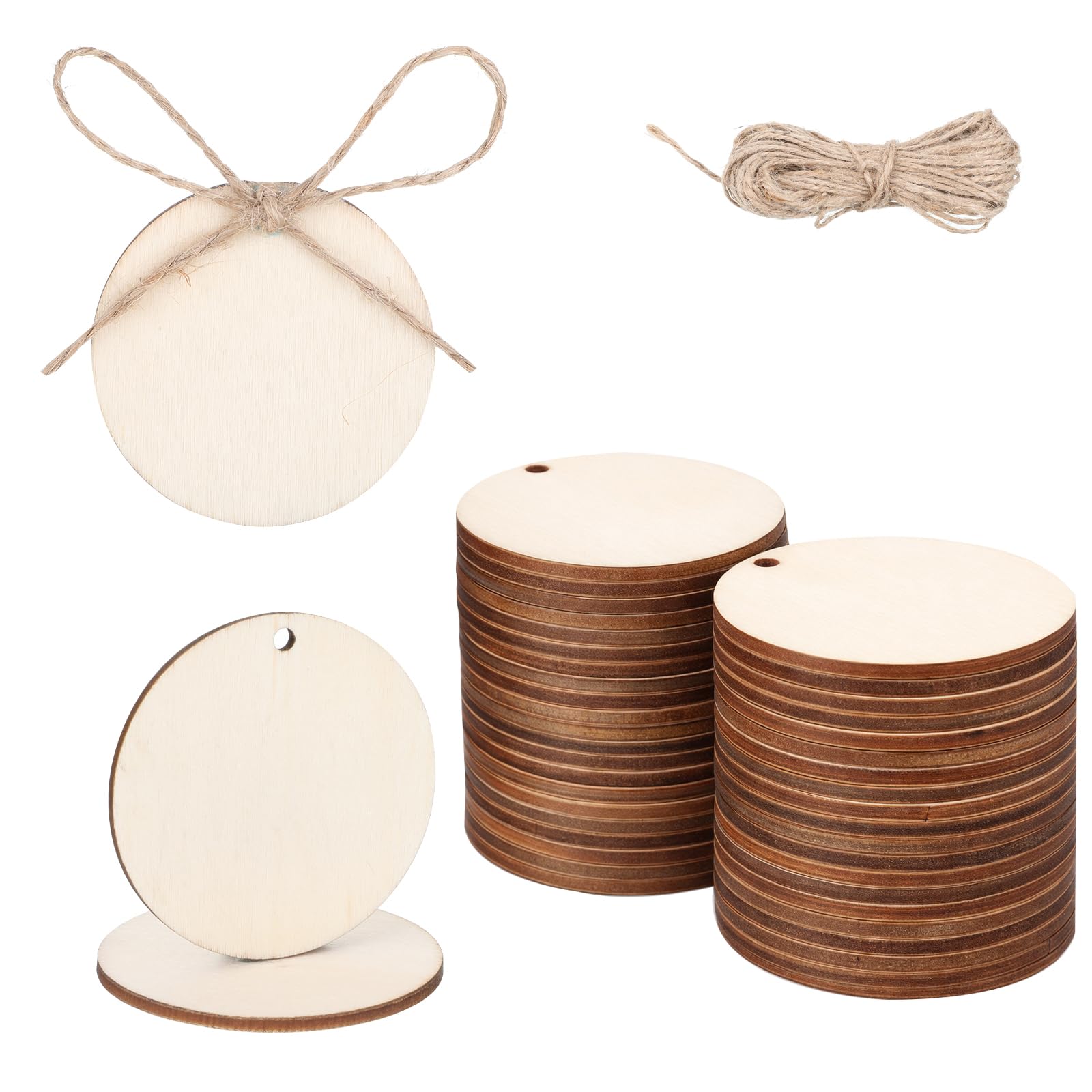 cobee 50 Pcs Unfinished Wood Circle 5cm, 1.97 Inch Round Wood Slices, Disc Blank Ornaments with Rope for Decoration DIY Craft Art Supplies Painting School Project