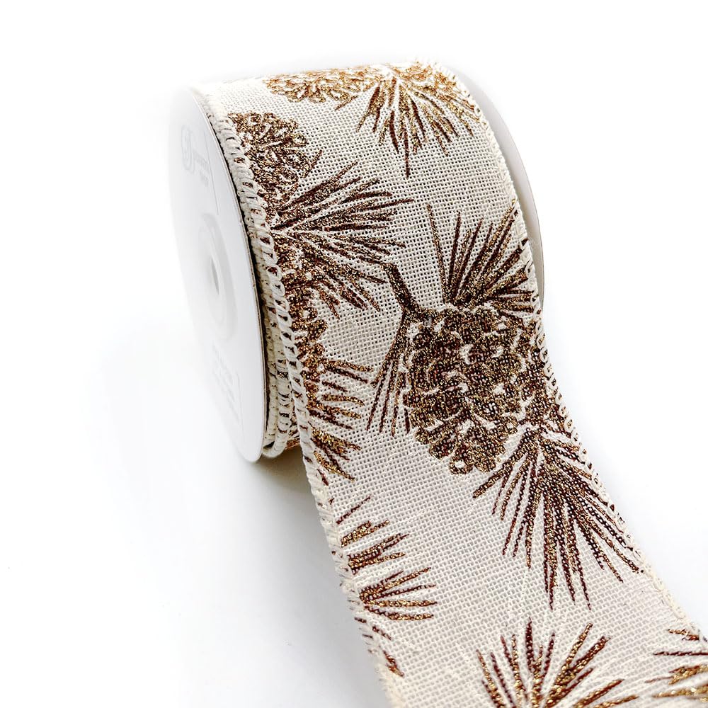 D DESIGNER'S SHOPWR 63-5190 Holiday Gold Glitter Pinecones Wired Edge ribbon 2.5” x 10 yard for DIY crafting, Home Décor, tree wreath decorating