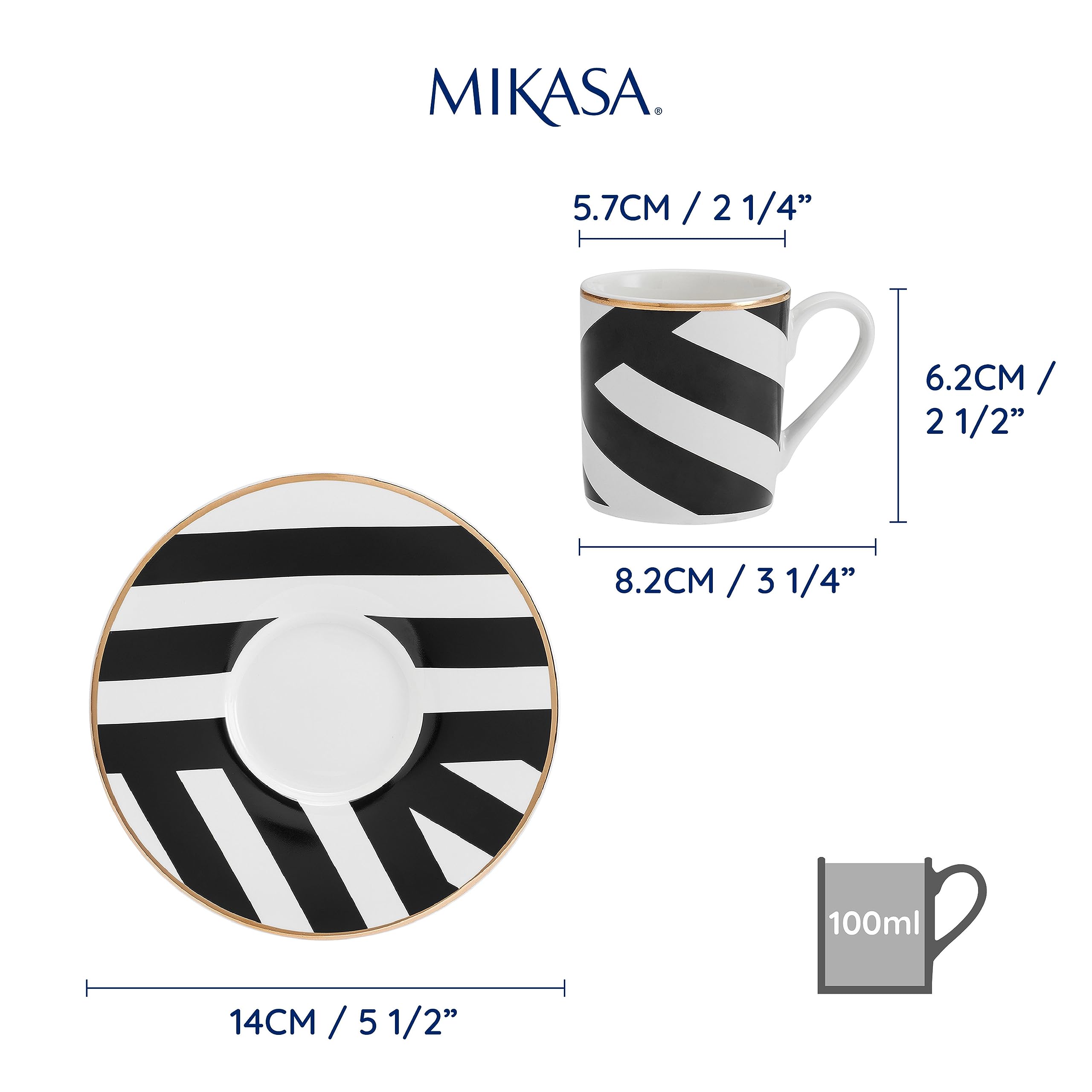 Mikasa Luxe Deco Porcelanowy zestaw filiżanek i spodków do espresso, 2x filiżanki i spodki do espresso z geometrycznym nadrukiem, filiżanki do kawy o pojemności 100 ml