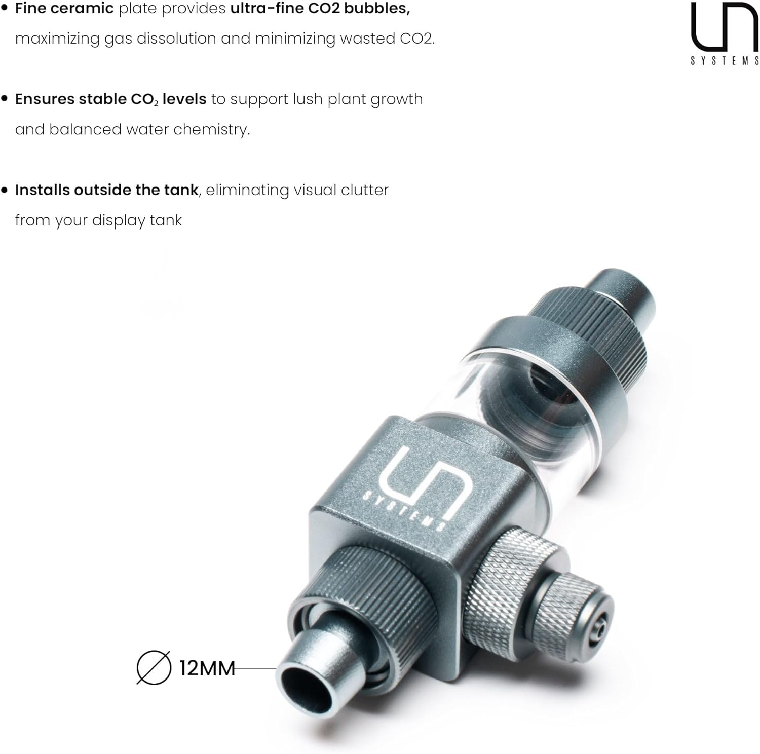 UNS Pro Inline CO2 Diffuser - Aluminum, High Gas Dissolution Diffuser for Freshwater Planted Aquarium - Aquascaping Tank External Canister Filter Accessory for 1/2in or 12ID Tubing - Space Gray, 12mm