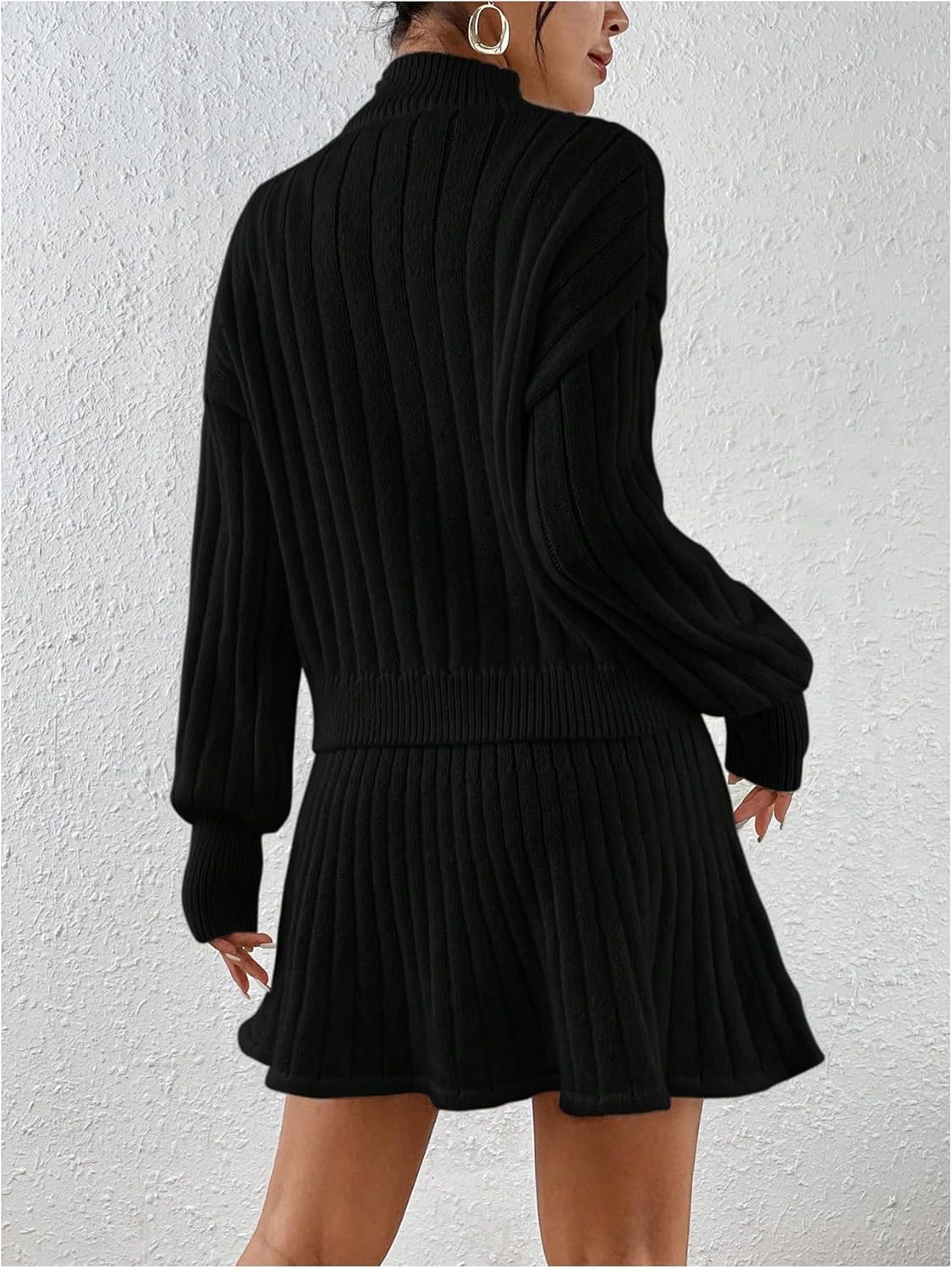 MakeMeChic Women's Sweater Skirt Sets 2 Piece Outfits Ribbed Knit Mock Neck Sweater Pullovers A Line Mini Skirt Set - Image 2