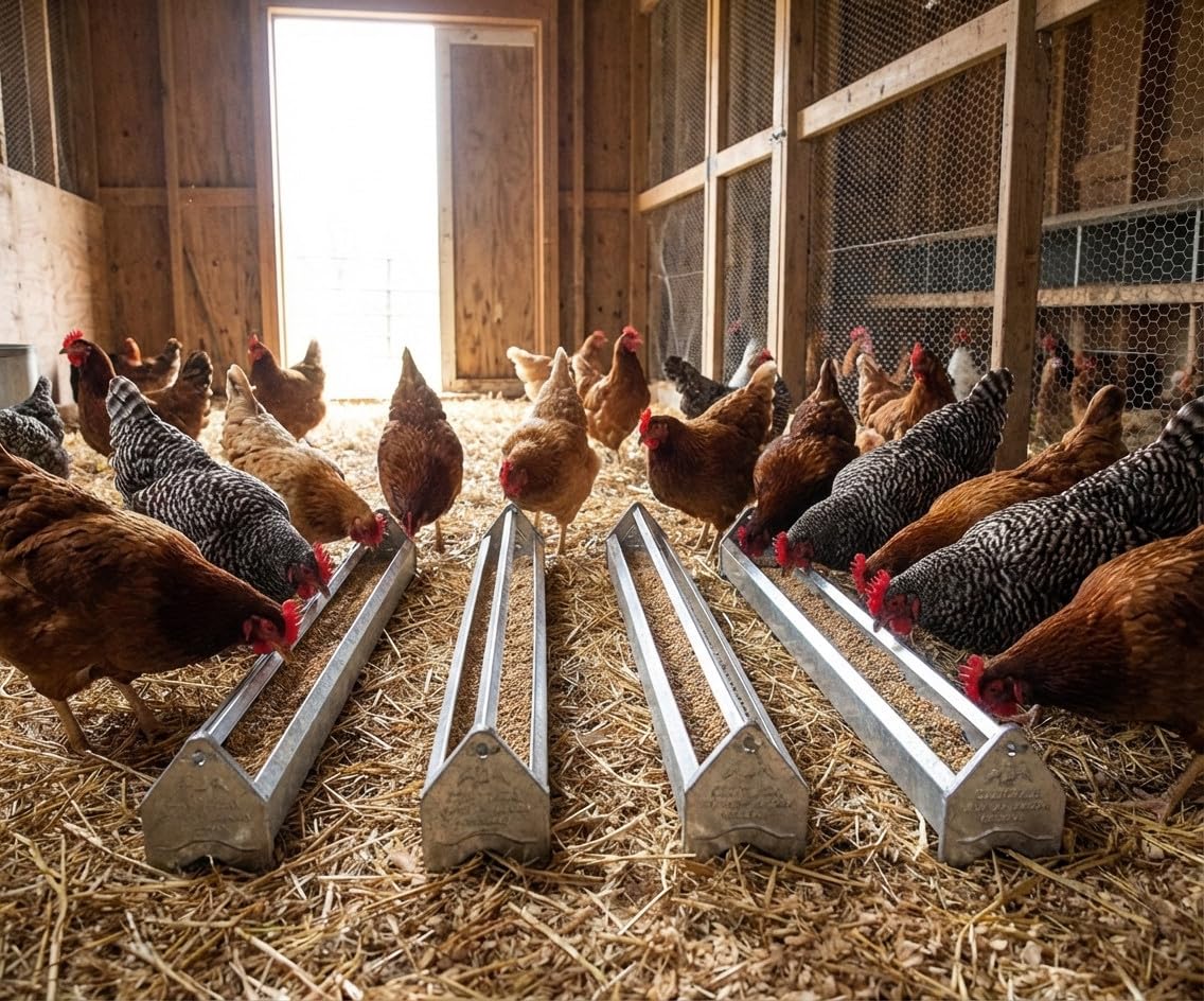 Suinga Set di 4 Mangiatoie in Metallo per Galline | Griglia 100x10x13 cm | Sistema Anti-Posatoio | Anti-Spreco con Mulino Rotante | Ideale per 24 Polli