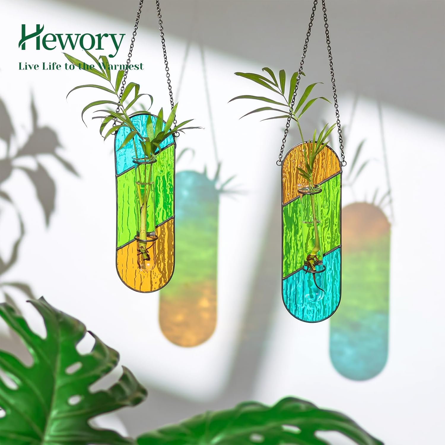 Hewory Stained Glass Plant Propagation Hanging 2 Pcs Propagation Station Planters for Window Wall Decor - Unique Hydroponic Propagated Plant Holder for Kitchen Gifts for Mom