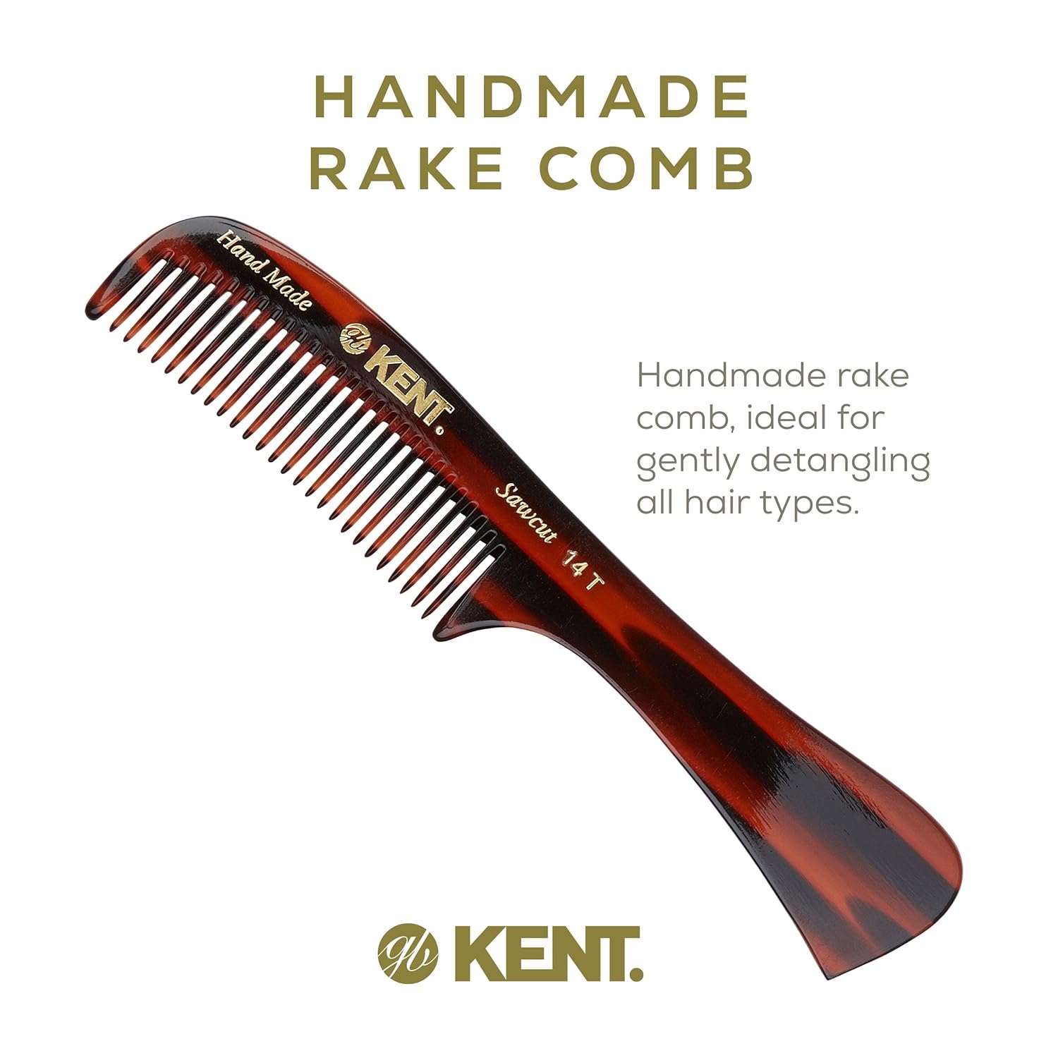 Kent 14T Hair Detangling Comb, Wide Tooth Comb for Long Hair, Wet and Dry Handmade Detangler for Women, Saw-Cut and Hand Polished Made in England