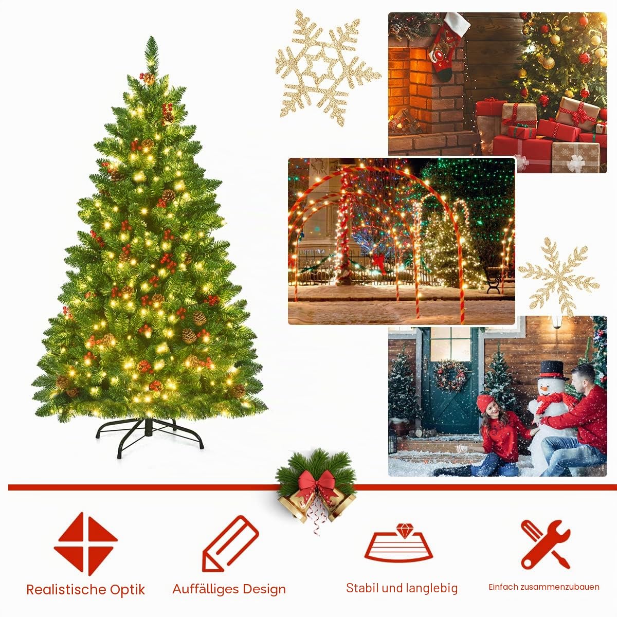 RELAX4LIFE 200 cm Künstlicher Weihnachtsbaum mit Beleuchtung, Tannenbaum mit 450 warmweißen LED-Lichtern & Tannenzapfen & rote Beeren, Schnellaufbau Klappsystem, Christbaum für Zuhause & Büro, Grün