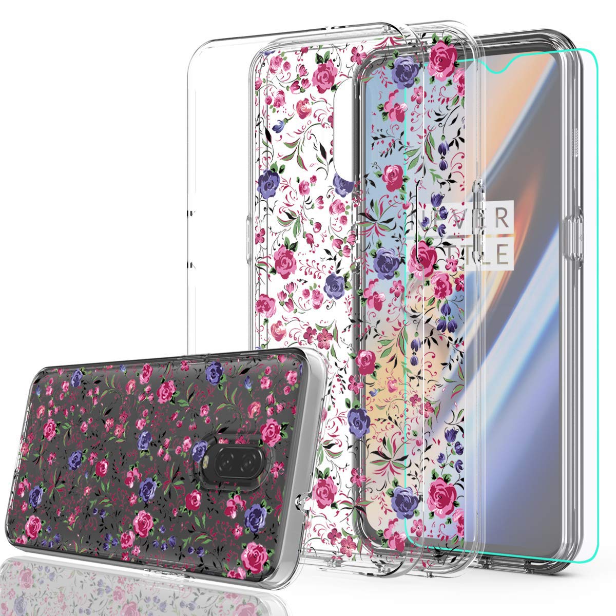 Coque OnePlus 6 YmhxcY transparente à fleurs avec protège-écran HD et anneau support