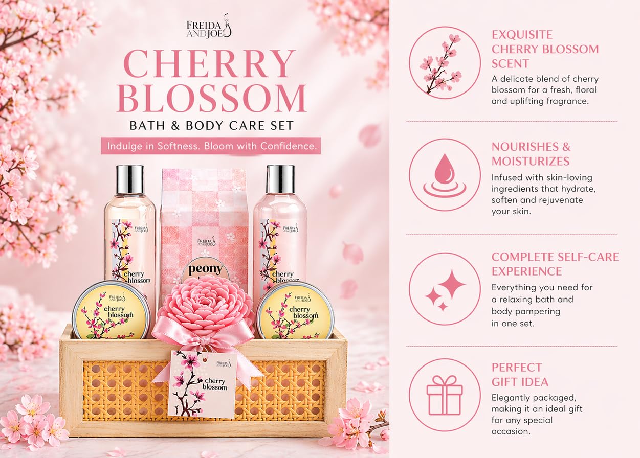 Cherry Blossom Spa Gift Basket for Women – Luxury Bath & Body Gift Set with Shower Gel, Bubble Bath, Body Scrub, Lotion & Bath Salts – Mother’s Day Self Care Gift for Mom