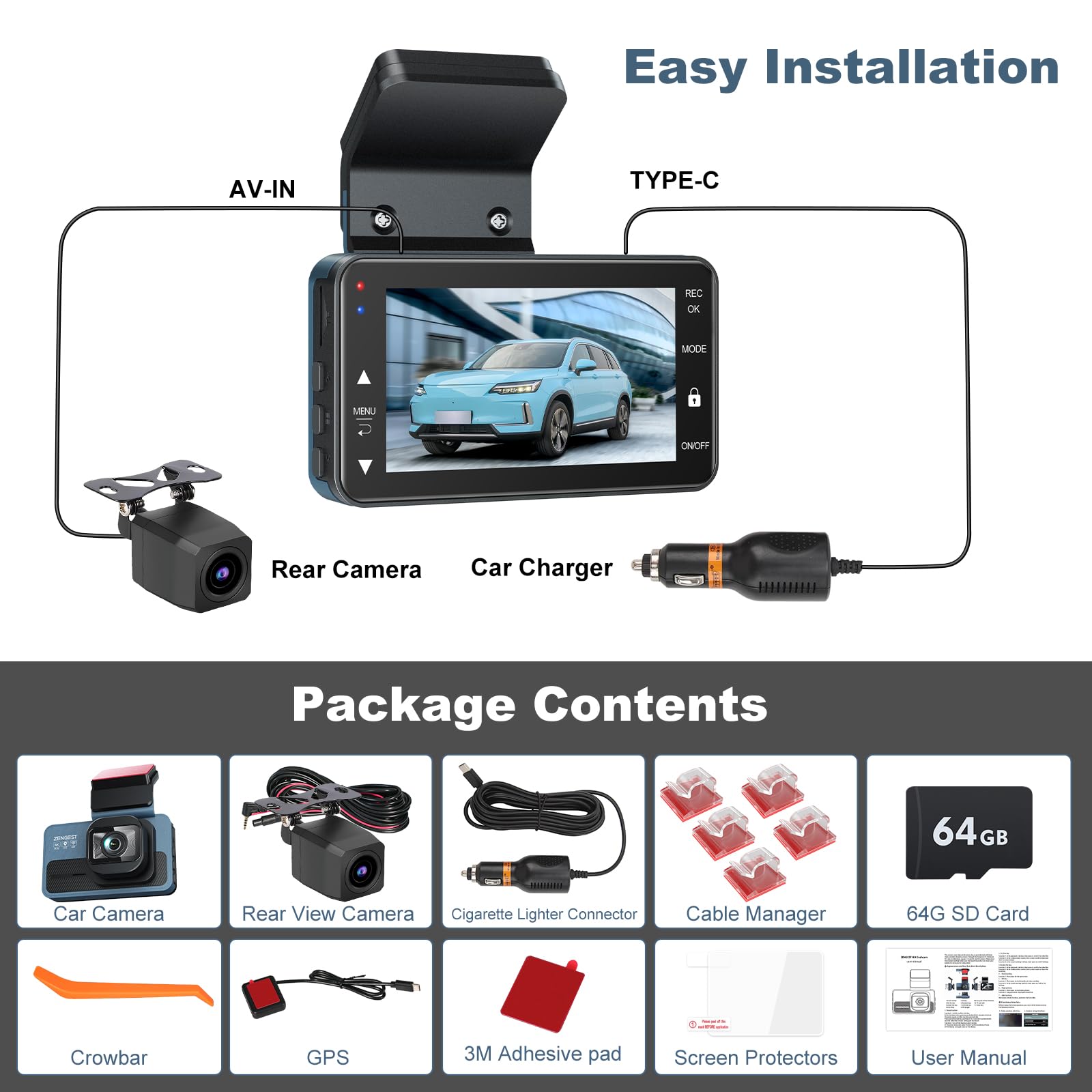 Cámara de salpicadero delantera y trasera, cámara dual para coche 4K, 5 GHz, WiFi GPS, pantalla táctil IPS de 3 pulgadas, 64 GB, visión nocturna, gran angular de 170°, modo de estacionamiento 24H