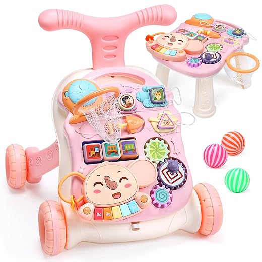 CUTE STONE 2 in 1 Baby Walker, Sit to Stand Learning Walker, Kids Early Educational Activity Center, Multifunctional Removable Play Panel, Push Walking Music Toys for Toddler Infant Boys Girls(Pink)