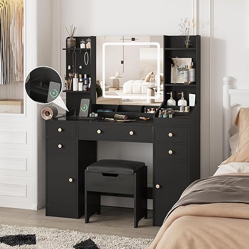Miniatura 1 de Fameill Tocador de maquillaje negro con 10 luces y tomas de corriente, tocador grande con 3 compartimentos de almacenamiento, juego de tocador