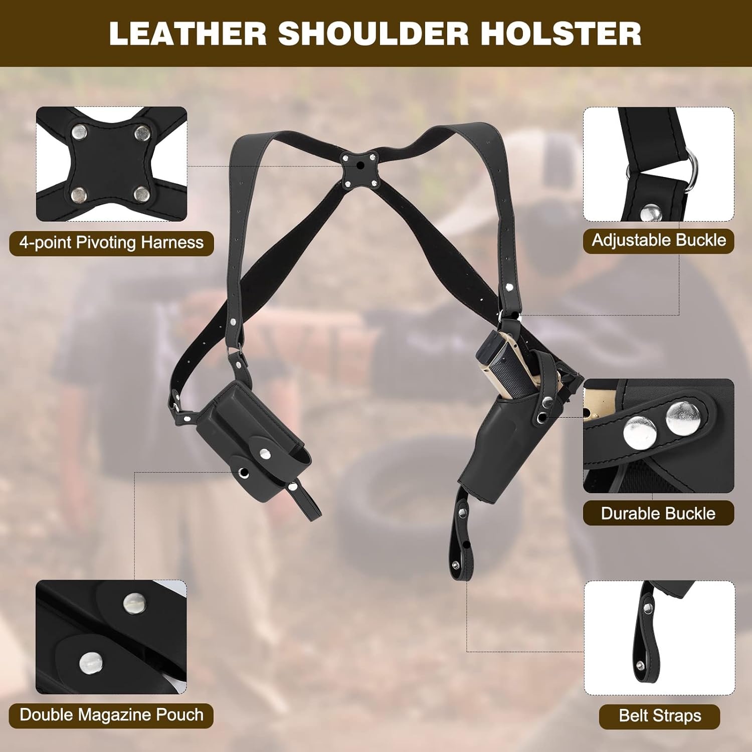 Shoulder Holster General Vertical Gun Holster Adjustable Leather Gun Holster for Concealed Carry with Double Magazine Pouch Adjustable for Glock 1911 and Most Kinds of Pistols - Image 2