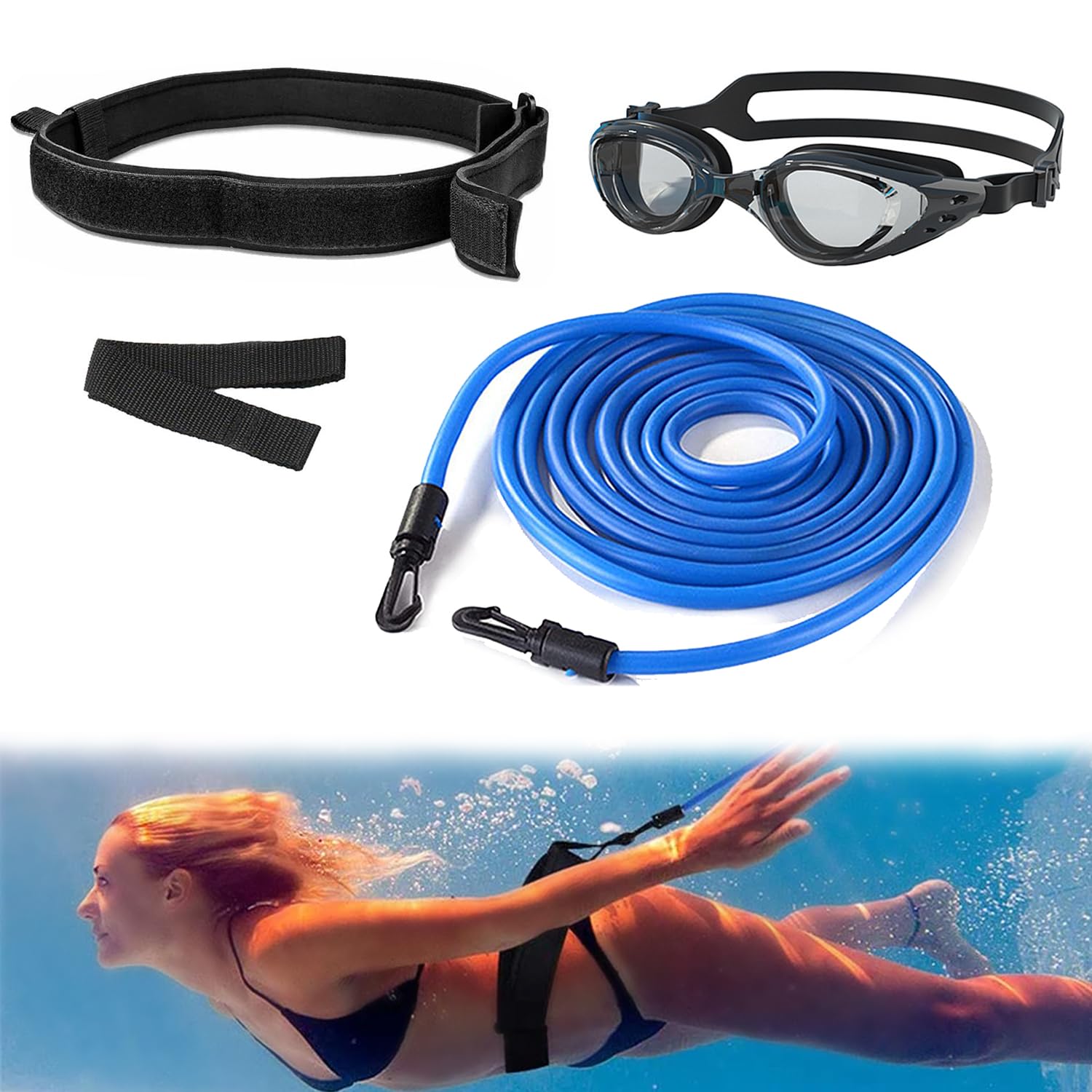 4m Swim Tether for Stationary Swimming, Pool Training Belt, Bungee Trainer Harness for Exercise (With Swimming Goggles)