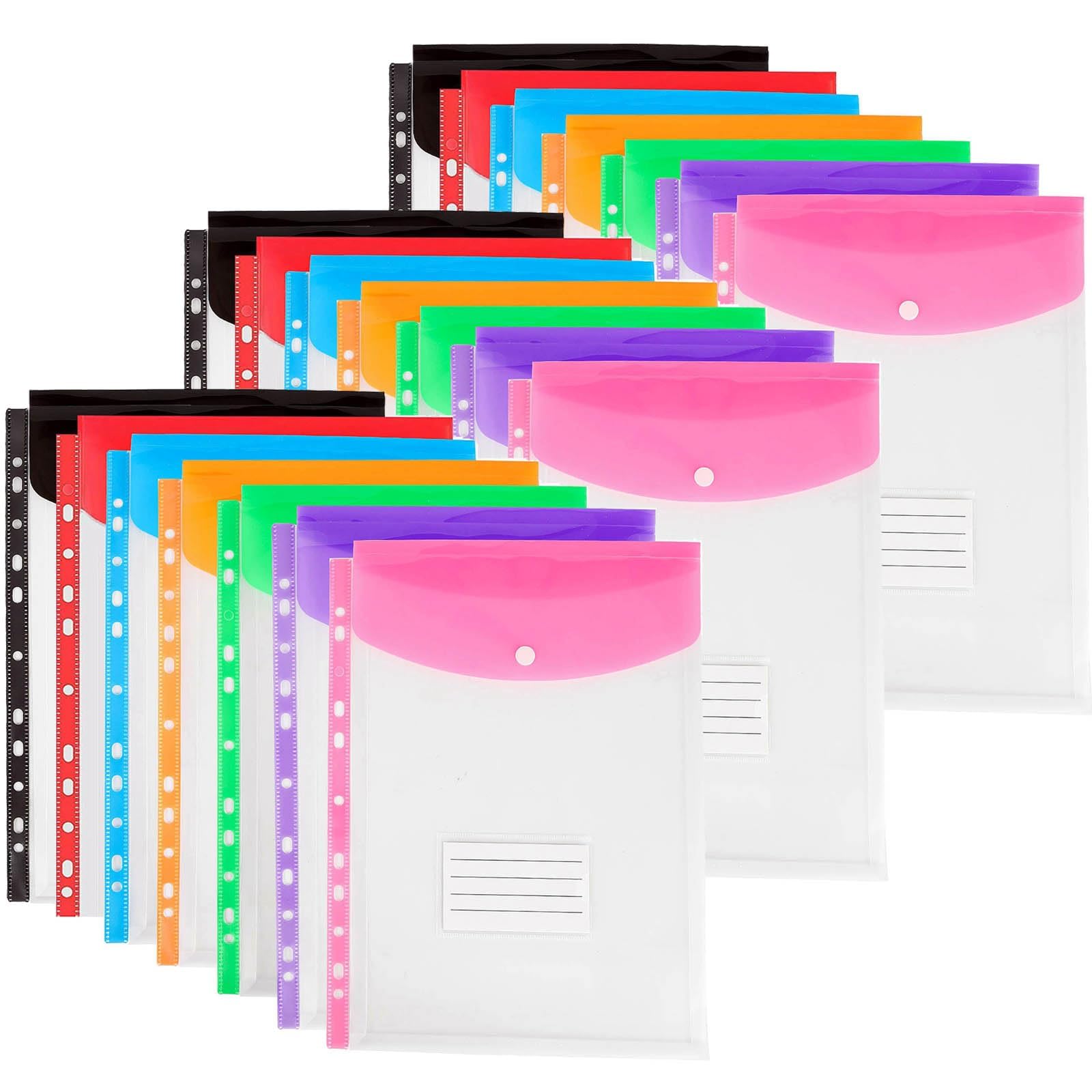 21PCS Plastic Wallets A4 Punched Pockets, 11 Holes Expandable Binder Folders for 2/3/4 Ring Document Pouch with Snap Button & Label Loose-Leaf Transparent for Office School Home (Top Open)