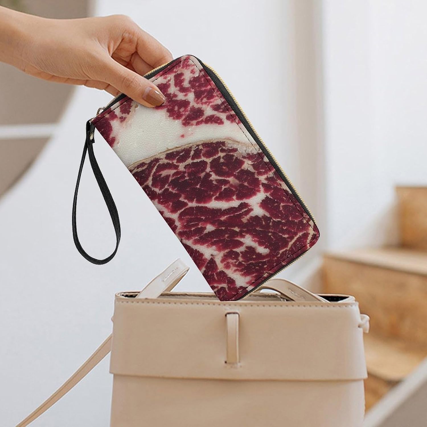 Beef Steak Meat Wristlet PU Leather Wallet for Women Long Purse Multi-layered Cluth Bag Handbag