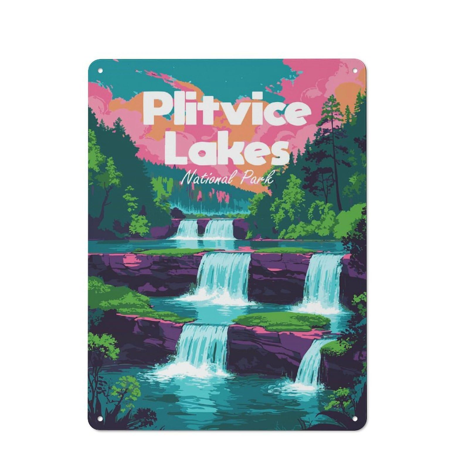 Junmoney Style-18 Rustic Tin Sign 40X30cm Featuring Plitvice Lakes National Park Illustration For Living Room Wall, For Room Styling Across Living Rooms And Feature Walls