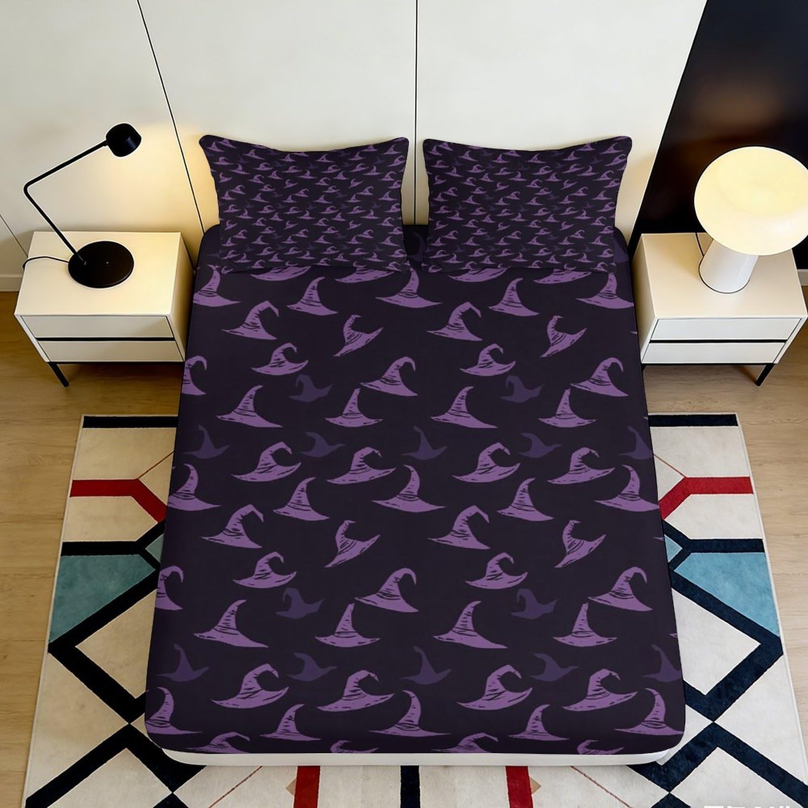Pnayamiorkfel Style-7 3D Printed Purple Witch Hat Fitted Sheet Microfiber Soft Non-Slip Bed Cover For Bedroom Dorm Mattress Decor 90X200x25cm
