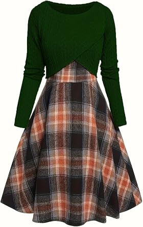 Womens 2 Packs Knitted Long Sleeve Top & Plaid Dress, Soft Slim Fit Cardigan and Dress Co-ord Set