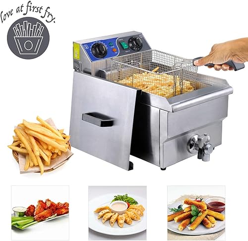 Miniatura 8 de Freidora eléctrica comercial de acero inoxidable con drenaje y cesta (10L, tanque individual plateado)