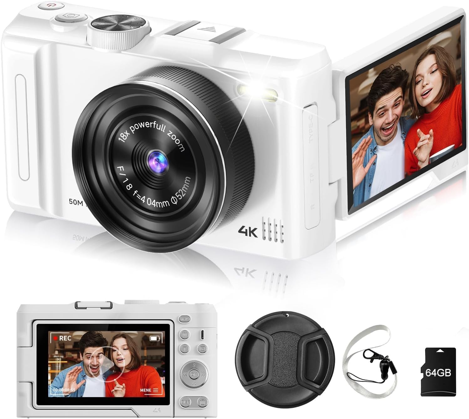 Digital Camera 4K for Photography, 50MP Vlogging Camera for YouTube Video with Flash and 3" 180° Flip Screen, 18X Digital Zoom Compact Travel Cameras with 64GB TF Card for Teens Beginner (White)