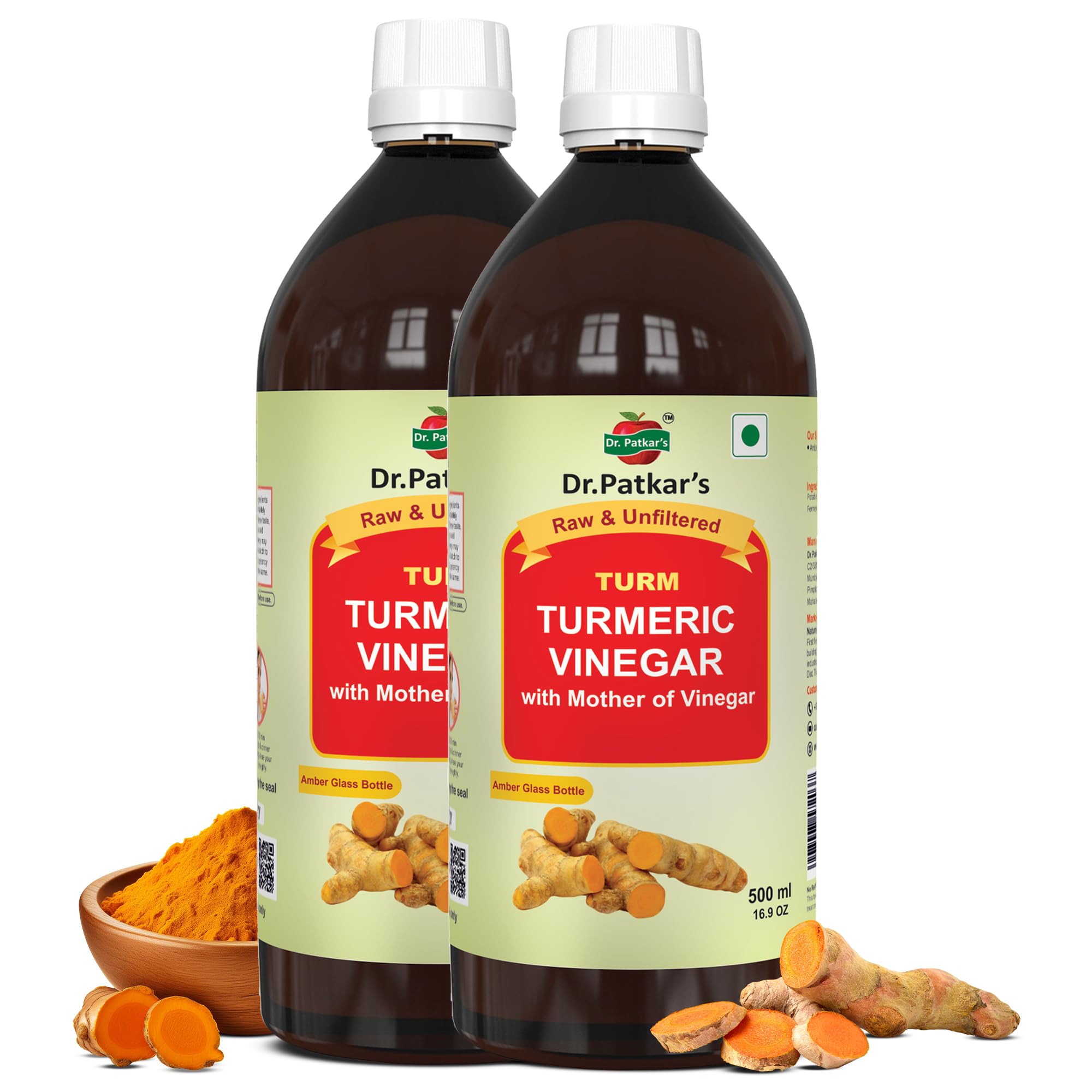 Dr. Patkar's Turmeric Vinegar 500ml (Pack of 2) Unfiltered, With Mother + Black Pepper (Piperine) Supports Weight Management, Boost Immunity & Detox, Skin Health | 500ml