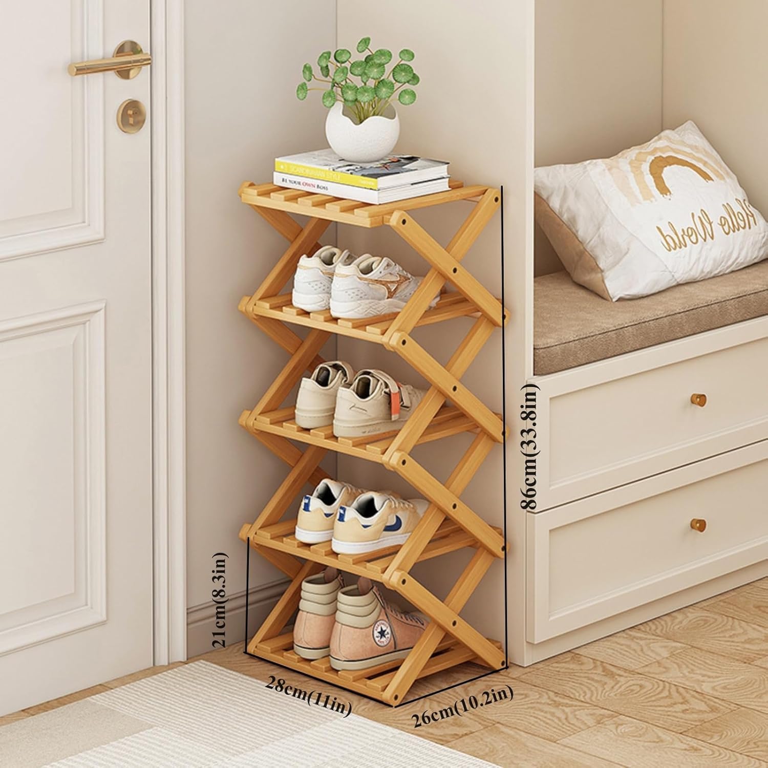 Foldable Shoe Rack, Bamboo Vertical Shoe Organizer Tall for Small Spaces. Multifunctional Narrow Shoe-Shelf for Entryway, Closet, Corner, Bedroom, Hallway Wood Color 7 Layers