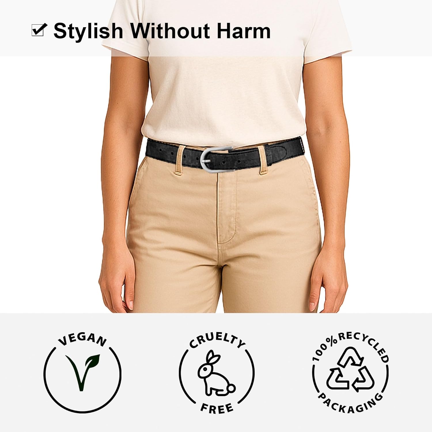 Corkor Women's Cork Belt 1 1/8" – Brown or Black Strap with Silver or Gold Nickel-Free Buckle, Vegan, Lightweight