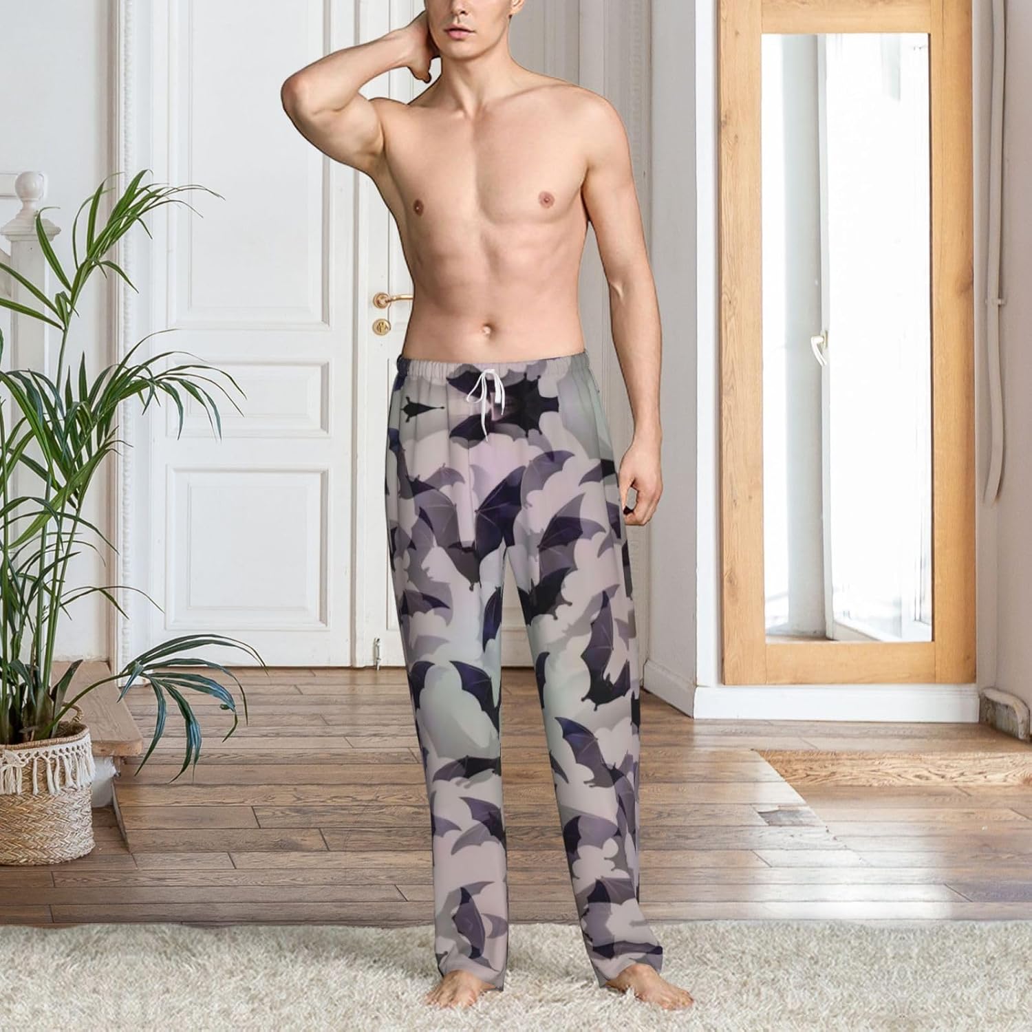 Halloween Bats Grey print Mens Sleepwear Pajamas Pants with Pockets Soft Sleep Lounge Bottoms Sleep Pj Bottoms for Men