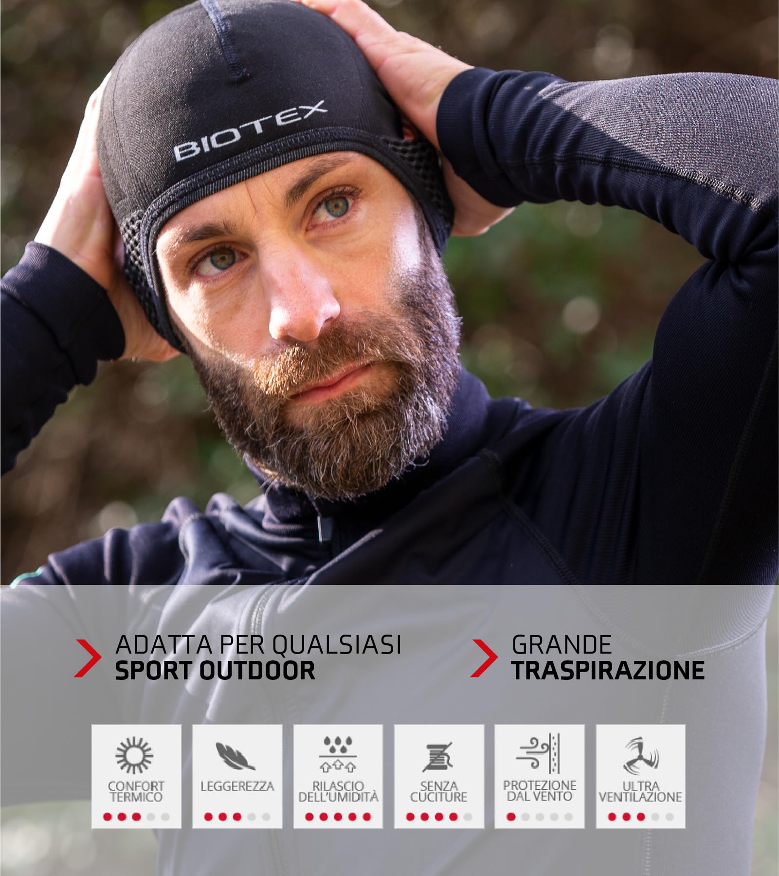BIOTEX Sottocasco Cap Warm 3.0 Termico Unisex, Sagomato sulle Orecchie, Ideale per qualsiasi Sport, Intimo Tecnico Sportivo, Nero