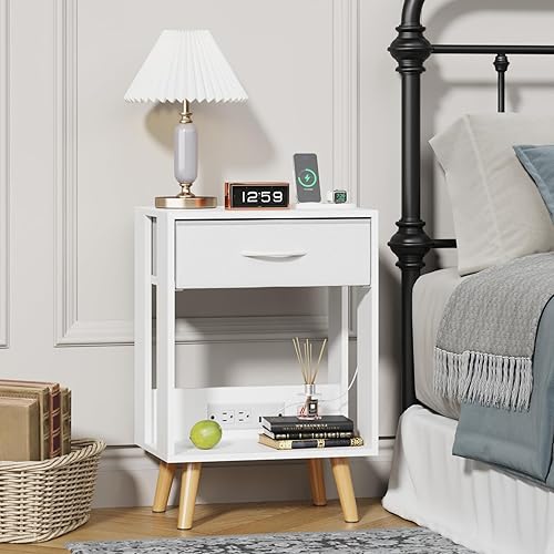 Miniatura 6 de Mesita de noche con estación de carga y cajón de tela, mesa auxiliar con almacenamiento para dormitorio, mesita de noche con estante de madera