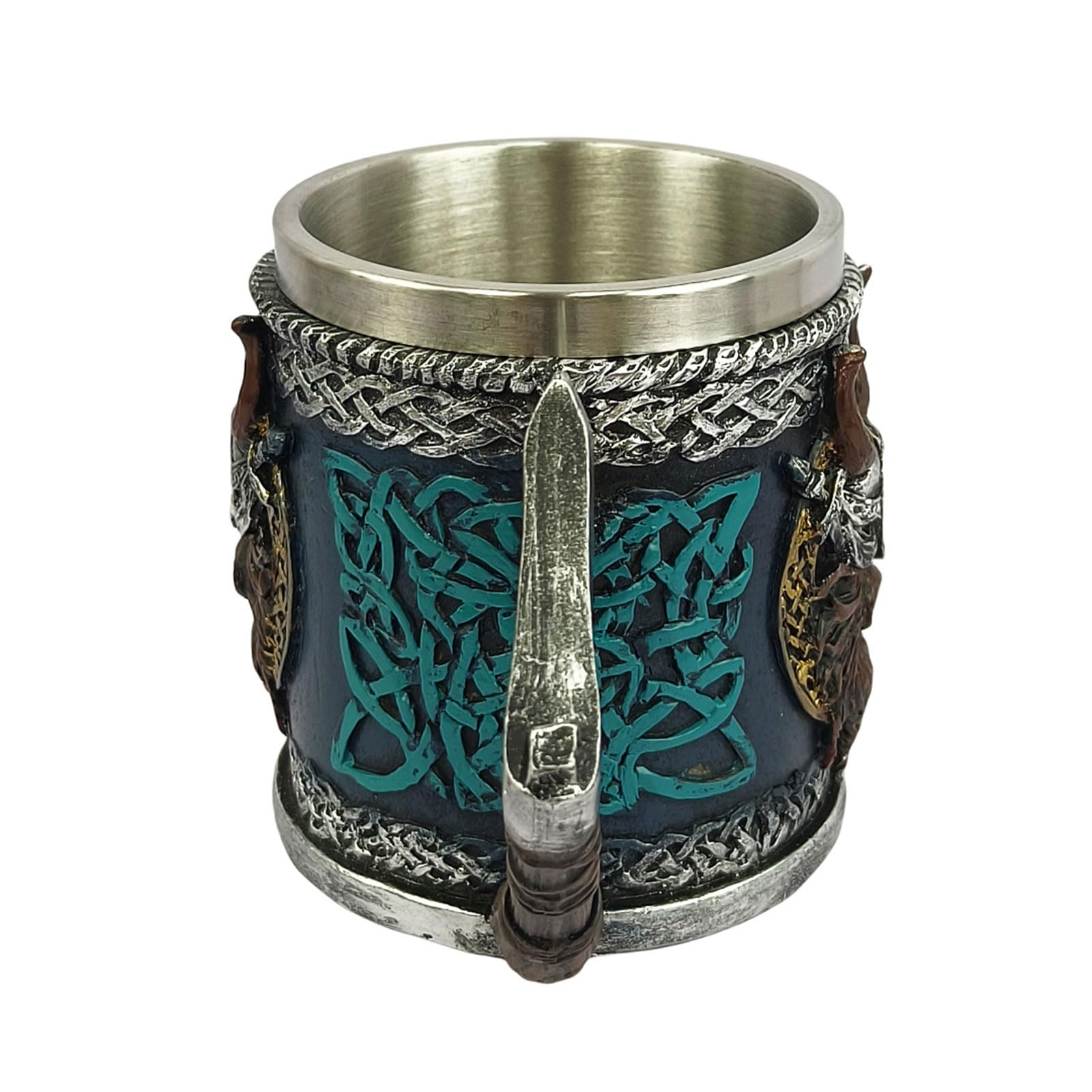 Qisuw Medieval Pirate Drinking Cup with Ergonomic Battleax Handle Decorative Carvings Mug for Beverage Enthusiasts Gift Medieval Drinking Cup Themed Party Collectible Resins Steel