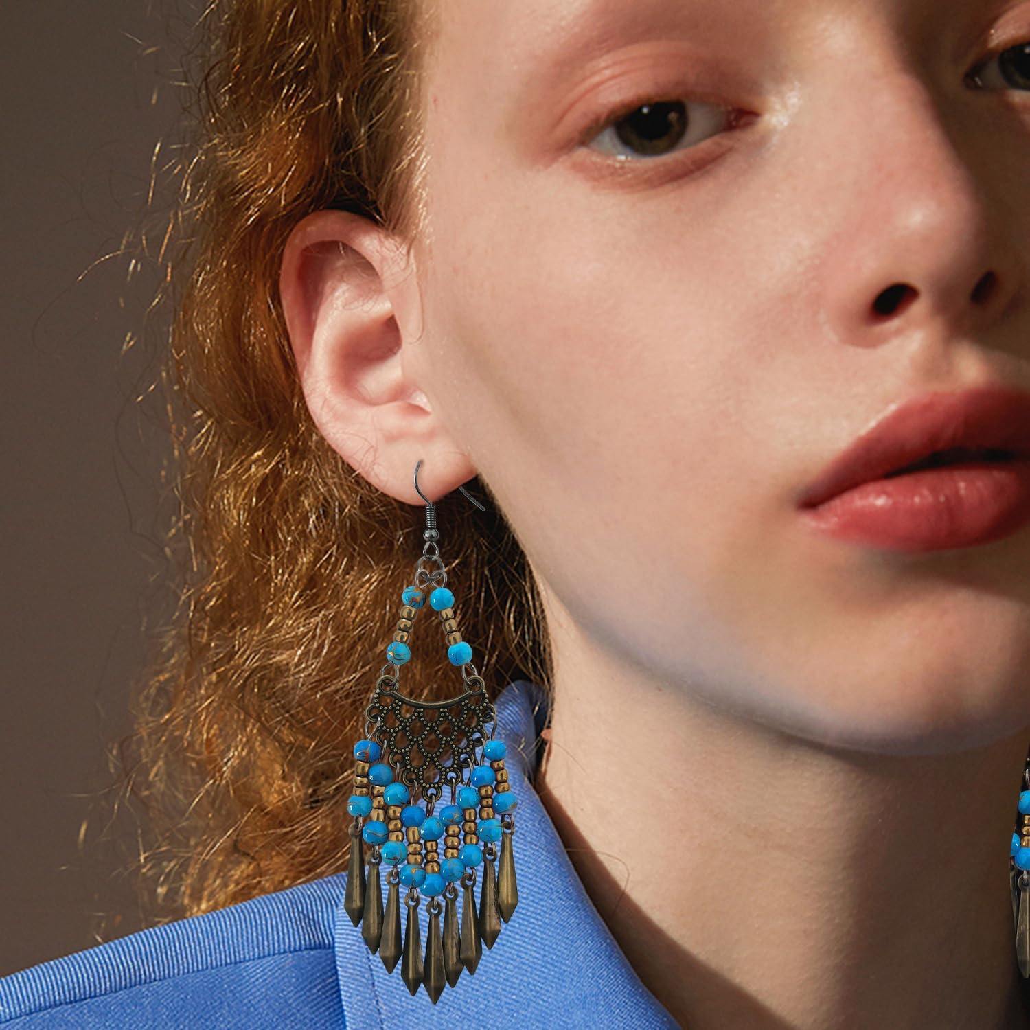 Handmade Vintage Bronze Bohemian Long Tassel Colorful Bead Dangle Drop Earrings Big Tribal Chandelier Geometry Hook Earrings for Women Statement Jewelry Gifts - Image 4