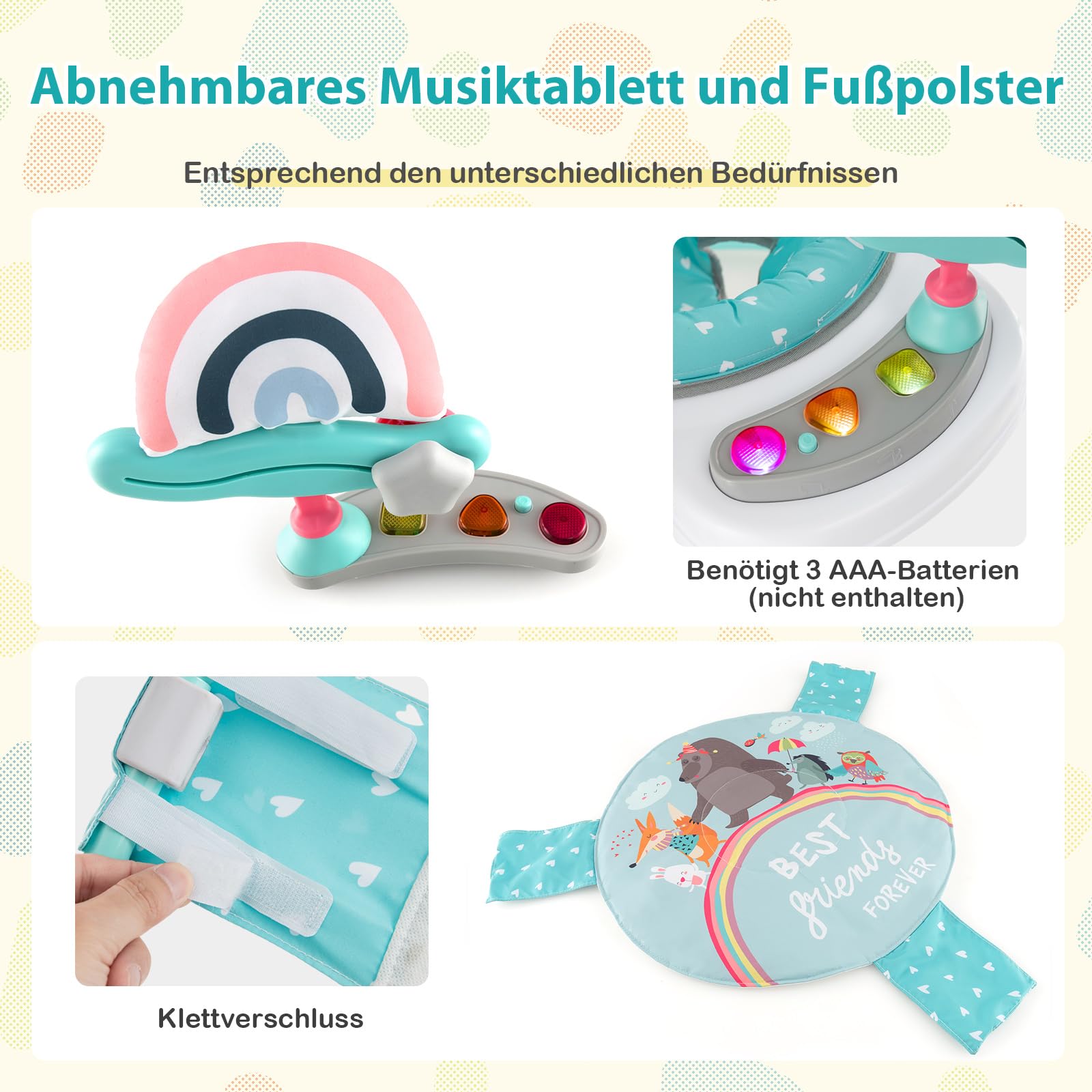 COSTWAY Baby Sky Jumperoo, Lauflernhilfe mit verstellbaren Höhen, Spielzeuge & Spieluhr, Hüpfstuhl mit 360° drehbarer Sitz, Aktivitätszentrum für Baby ab 6 Monaten, 12 kg Belastbar