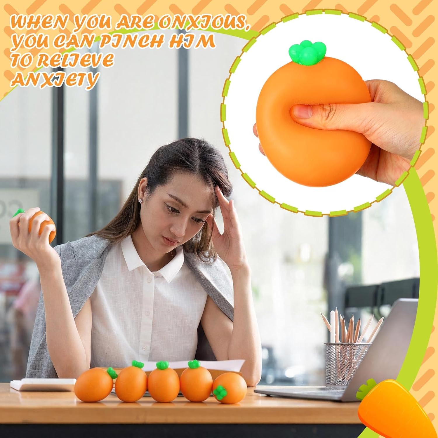 Meooeck 24 Pcs Easter Carrot Stress Balls for Adult Carrot Fidget Balls Cute Carrots Toys for Easter Egg Filler and Basket Stuffers Birthday Party Gift Party Gift ADHD Autism Anxiety