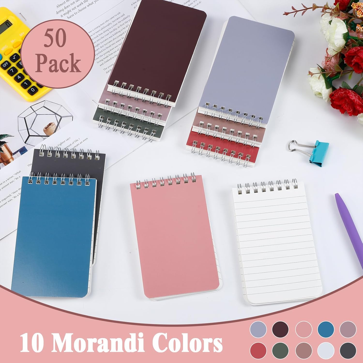 50 Pack Top Spiral Notebooks Bulk, 3x5 Inch Small Pocket Notebook, College Ruled, Small Notepad Pocket Size, 60 Sheets/120 Pages, 10 Assorted Colors for Home Office School College Travel