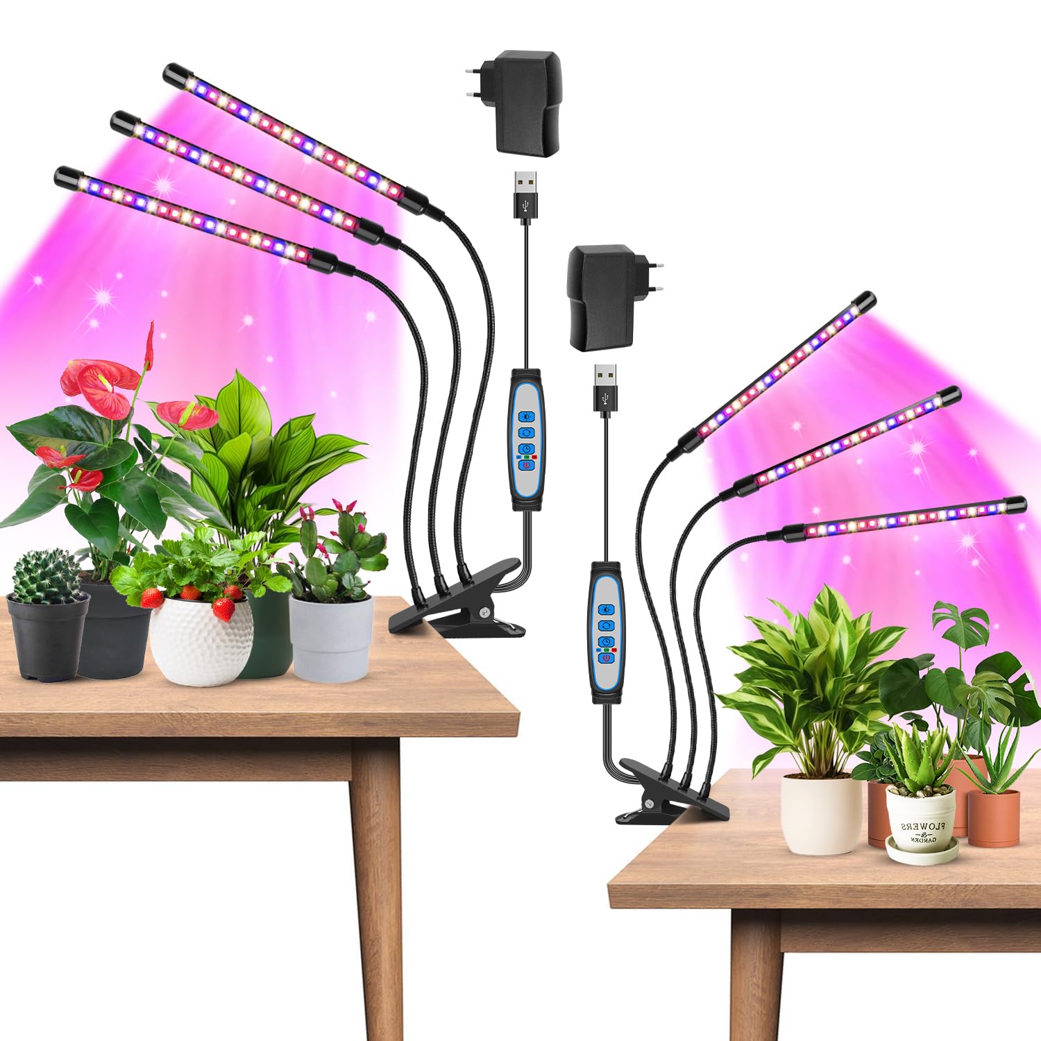 Garpsen Plant Lamp LED, 2 Pieces, 3 Heads Plant Lamp Full Spectrum for Indoor Plants, 120 LEDs Plant Light, with 3 Modes Changing & Auto On/Off 6/12/16H Timer, 5 Brightness Levels