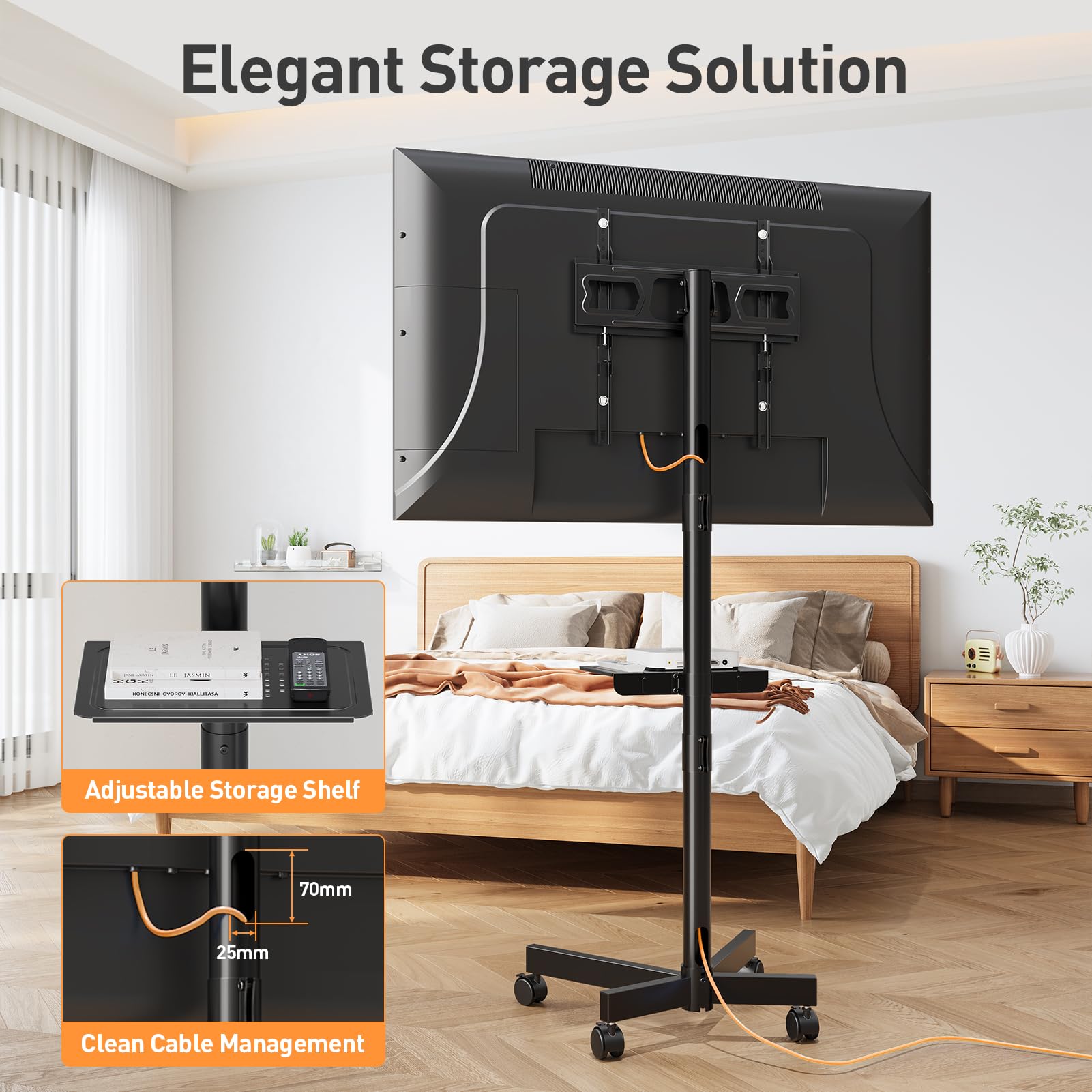 ELIVED Mobilny stolik pod TV na kółkach 26-65 cali, stojak pod telewizor | Regulacja wysokości i pochylenia, wózek TV na kółkach, VESA do 400x400 mm, udźwig 35 kg, dodatkowa półka w zestawie