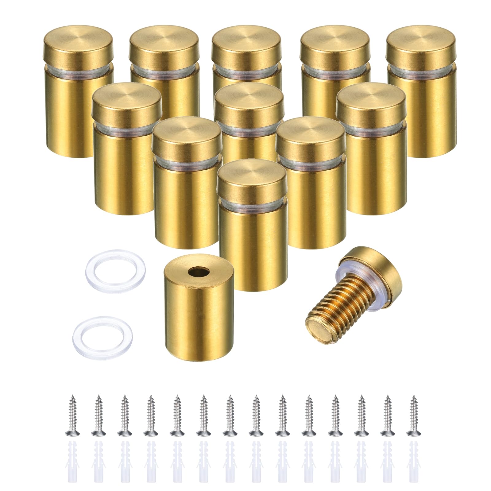 sourcing map 12 Pcs 5/8" x 1" Standoff Screws Stainless Steel Wall Mount Sign Mounting Hardware Kit with 14pcs Screws for Hanging Acrylic Glass Signs Advertising Boards, Brushed Gold