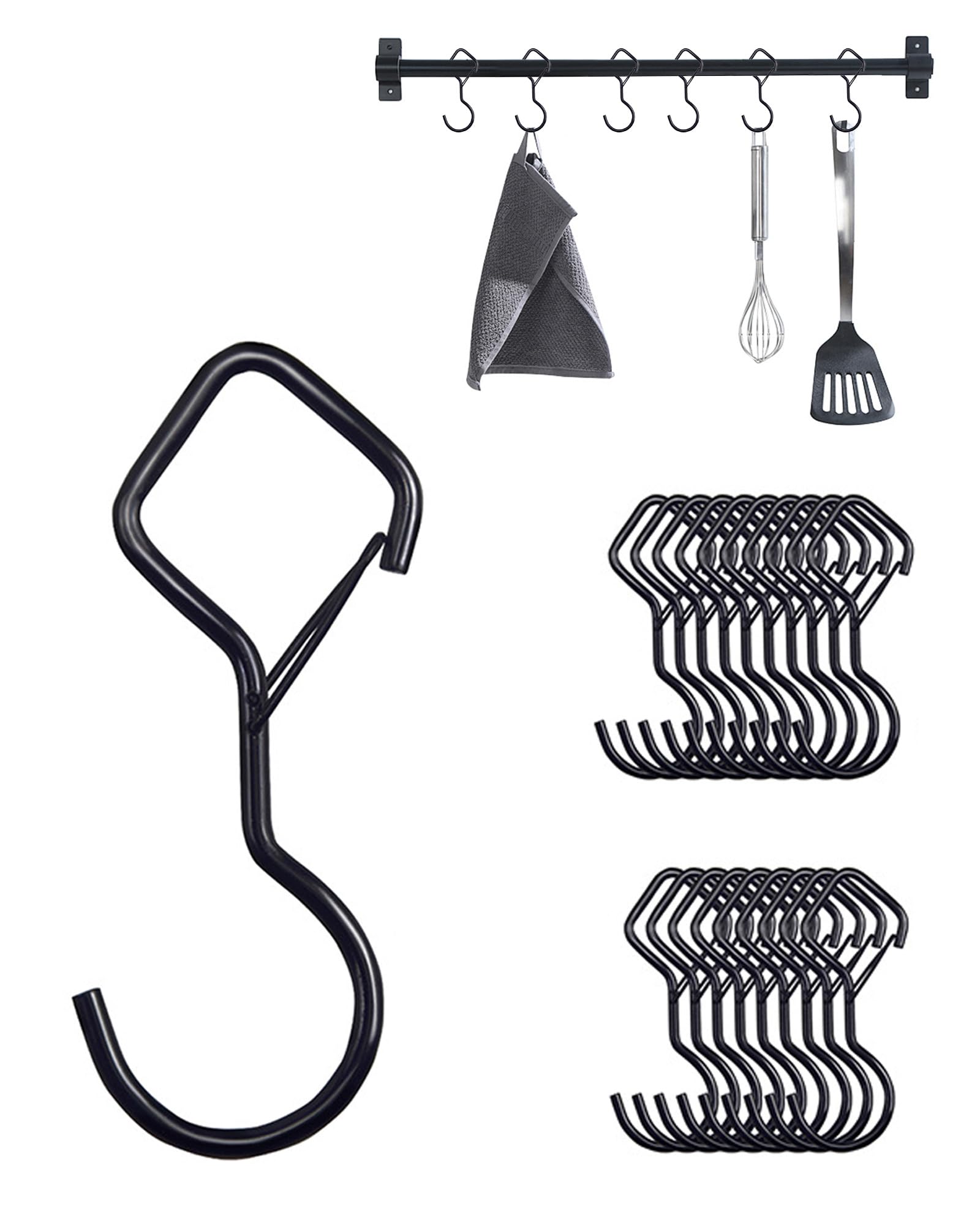 YiJPXinADZ 20 Pack S Hooks with Safety Clip for Secure Hanging - 3.93 Inch Heavy Duty Plant Hangers & Closet Hooks, Dual Openings (0.78" & 0.98") for Multi-Scenario Use, Rust-Resistant Black
