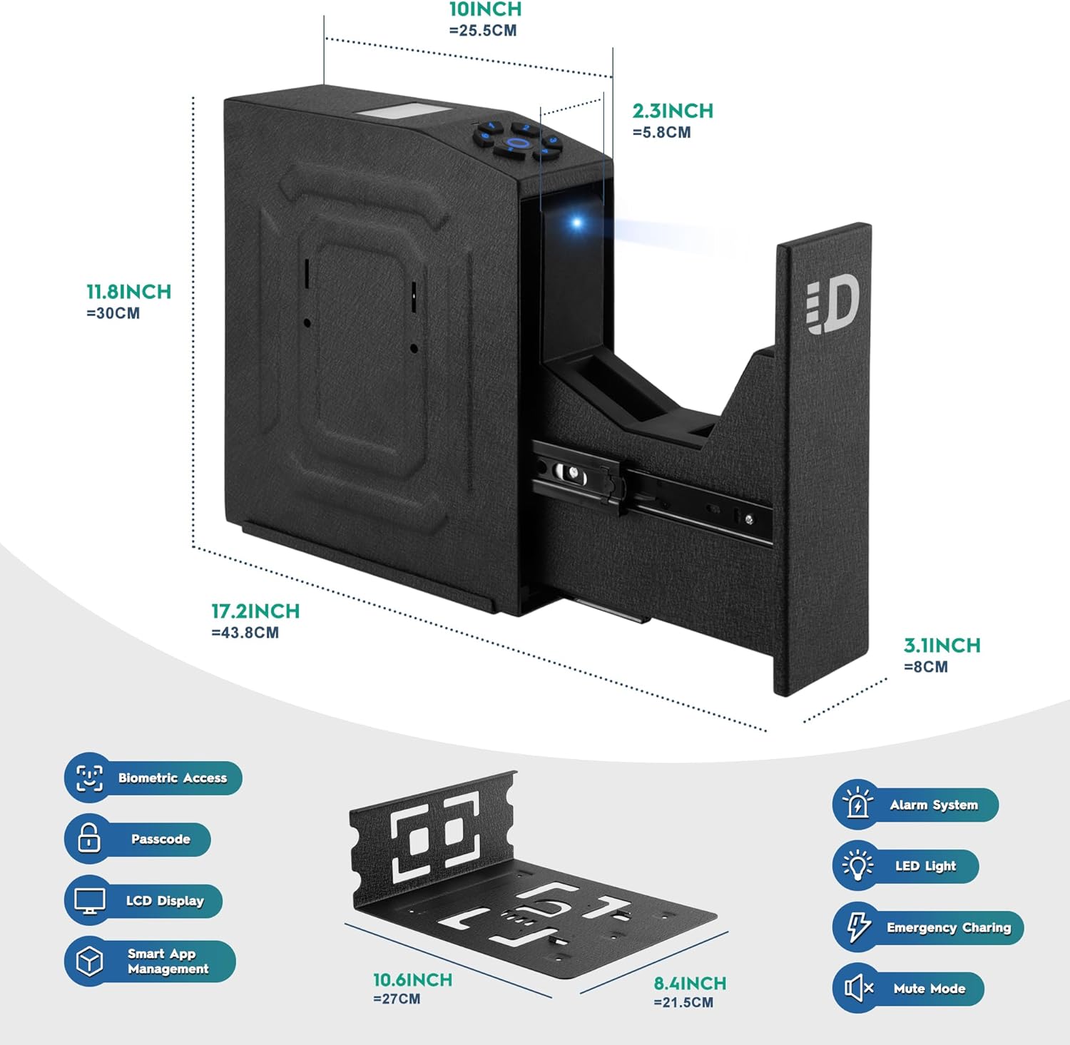 Gun Safe, Biometric Slider Bedside Handgun Safe - Quick Access Fingerprint & Unlock via Phone App, 4 Ways Unlock with LCD Display, Pistol Safe Mounted for Nightstand, Desk, Wall, Dresser