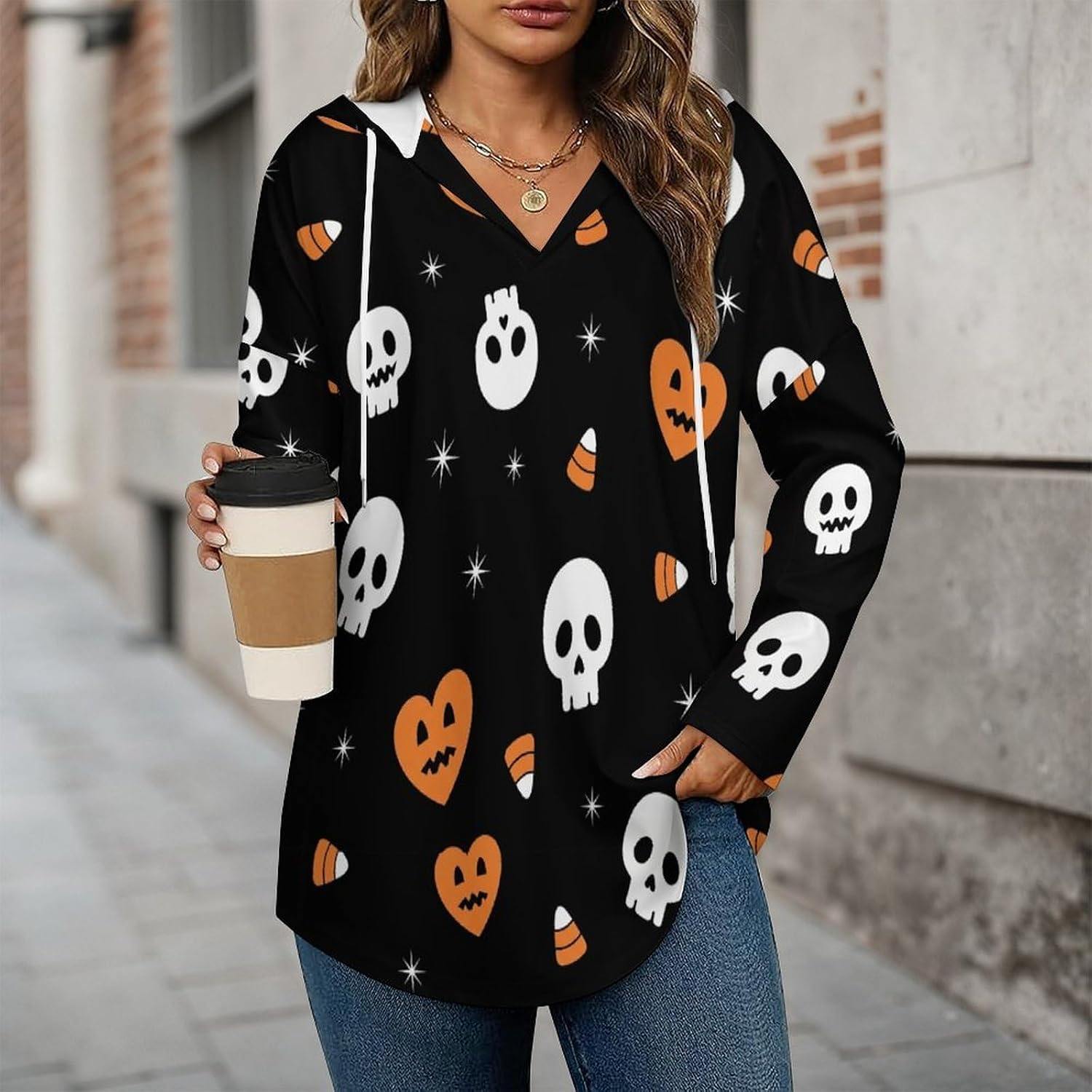 Women's V-Neck Hoodie with Drawstring Long Sleeve Lightweight Pullover, Loose Fit Sweatshirt for Casual Fashion Top
