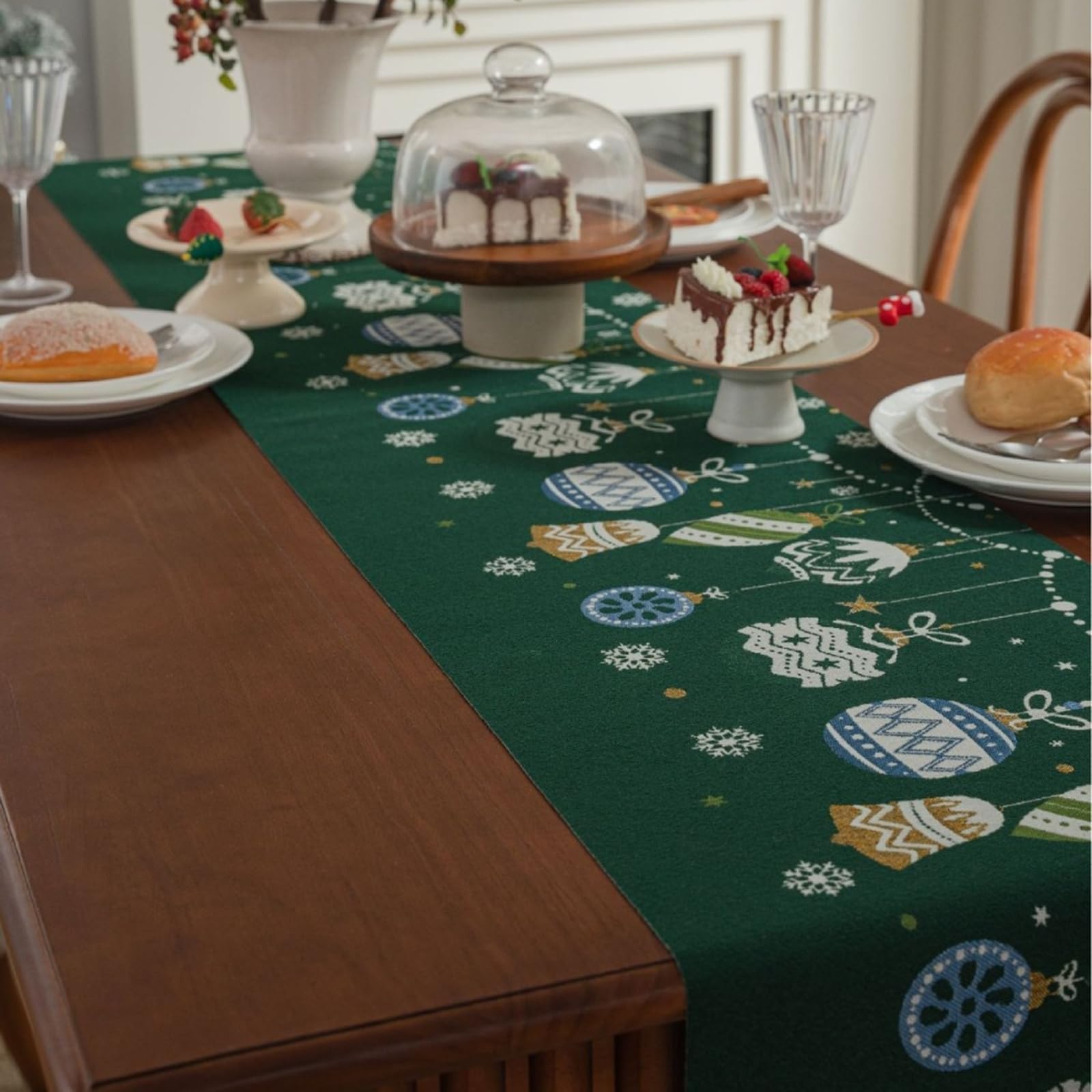 Chemin de Table pour Cuisine 35x400cm, Chemin de Table Mariage Champetre Motif À Thème de Noël avec Pompons