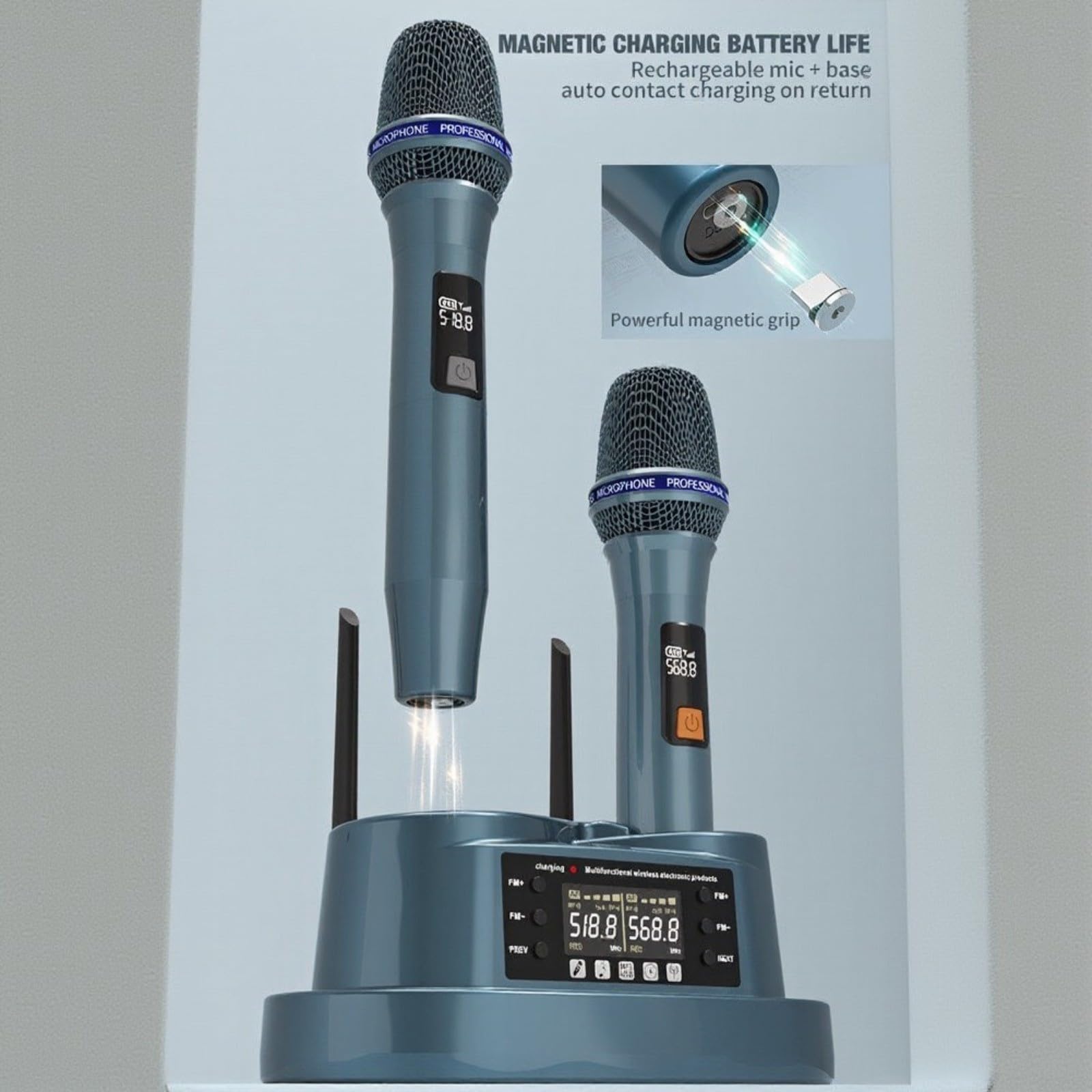 Sistema de micrófono inalámbrico UHF, juego de micrófono de karaoke recargable dual con carga magnética, rango de 80 m para canto y eventos