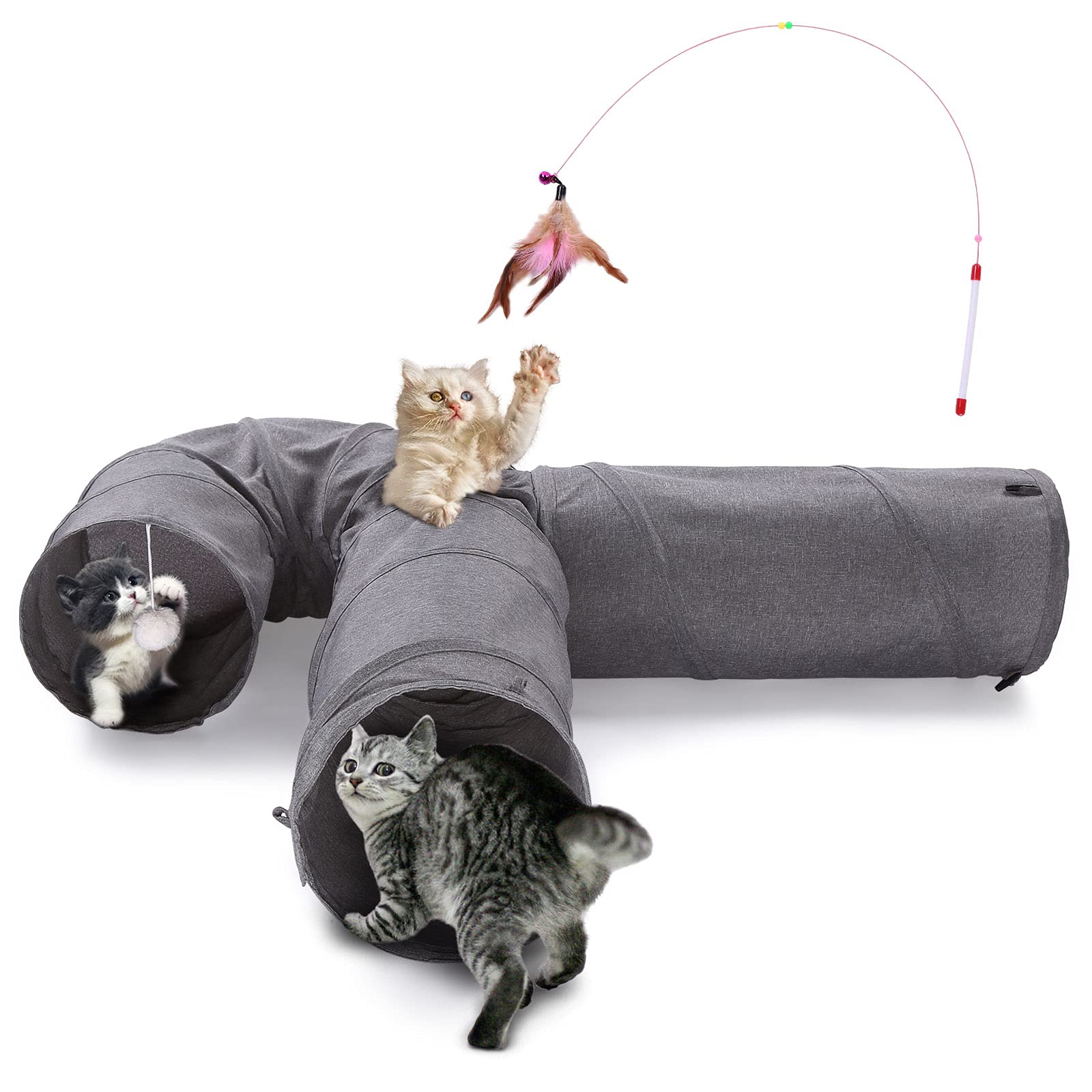Ownpets Cat Tunnel Large 3 Way Collapsible Cloth Pet Tunnel Tube with Plush Ball & Feather Toy, U-Shaped Cat Play Tunnel for Indoor Cat, Puppy, Kitty, Kitten, Rabbit(Gray)